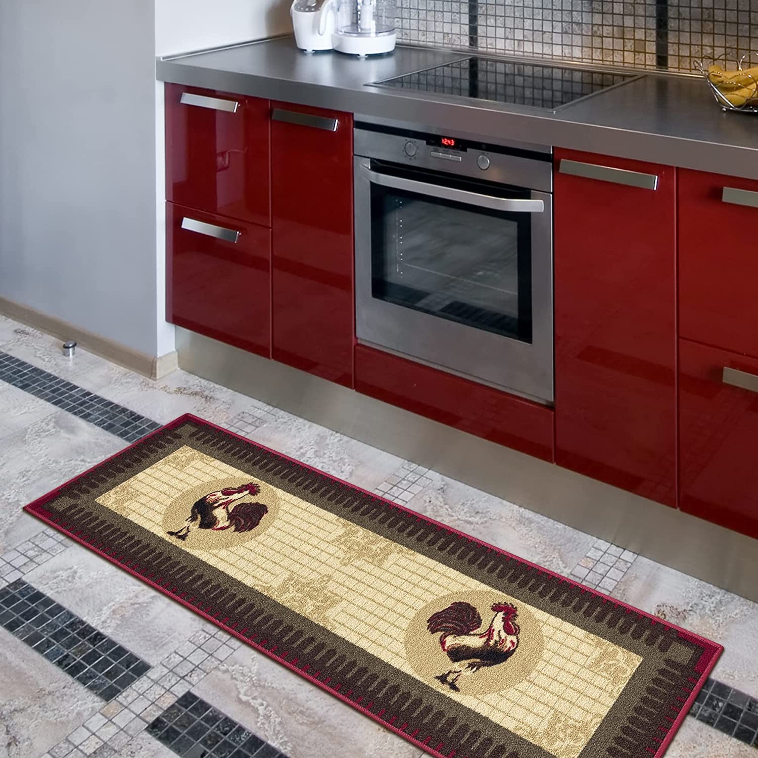 Machine Washable Rooster Design NonSlip Rubberback 2x5 Kitchen Runner Rug for Kitchen, Hallway