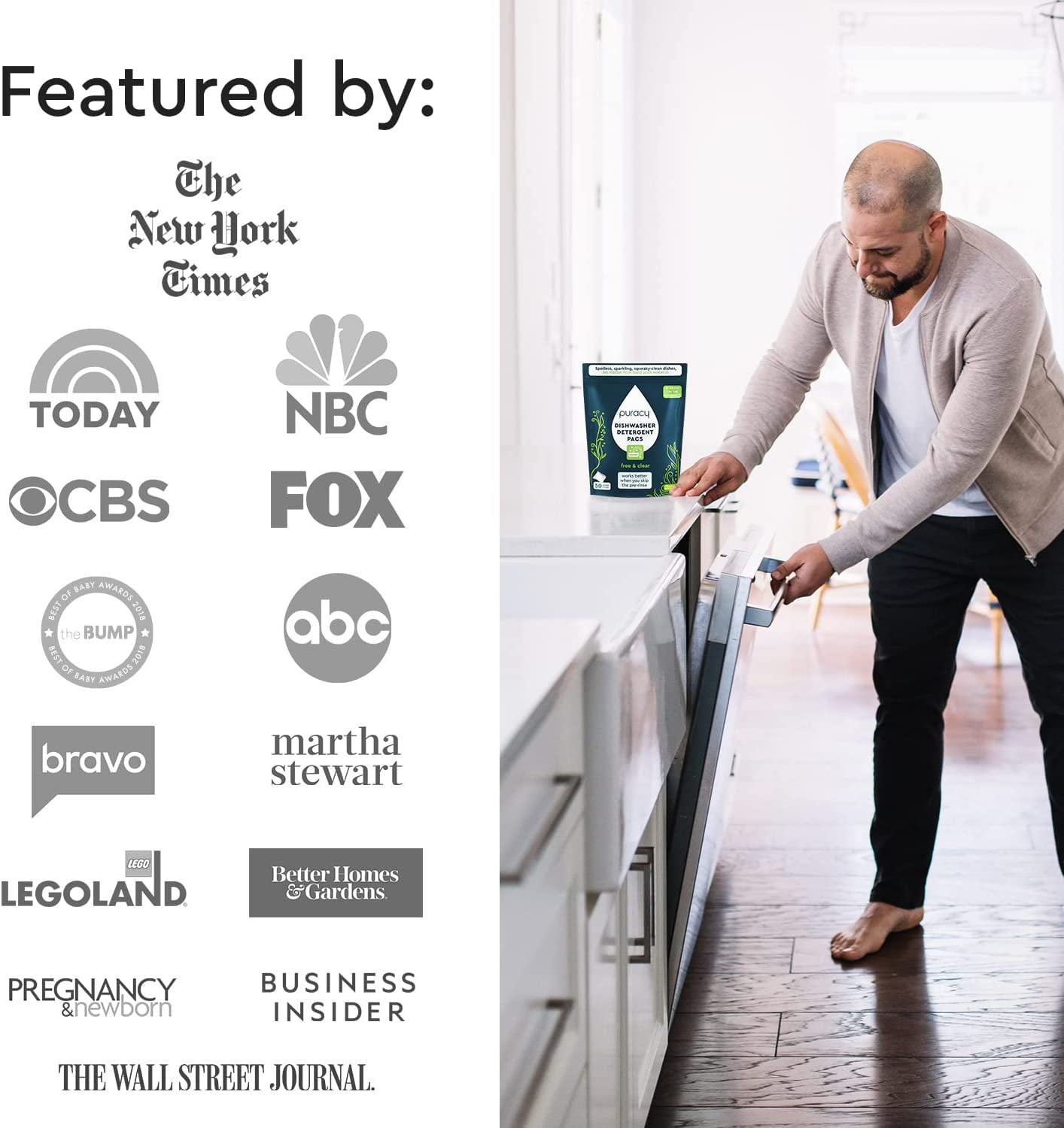 Puracy Dishwasher Pods, 50 Count, Natural Dishwasher Detergent, Free