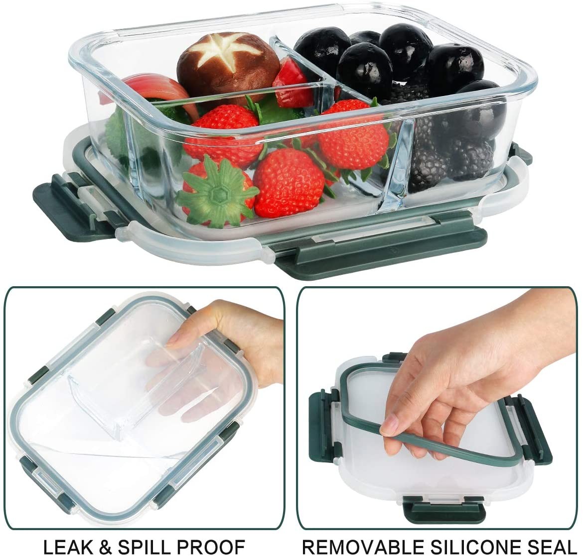 Glass Meal Prep Containers 2 Compartments, 5-Pack 36 Oz Airtight