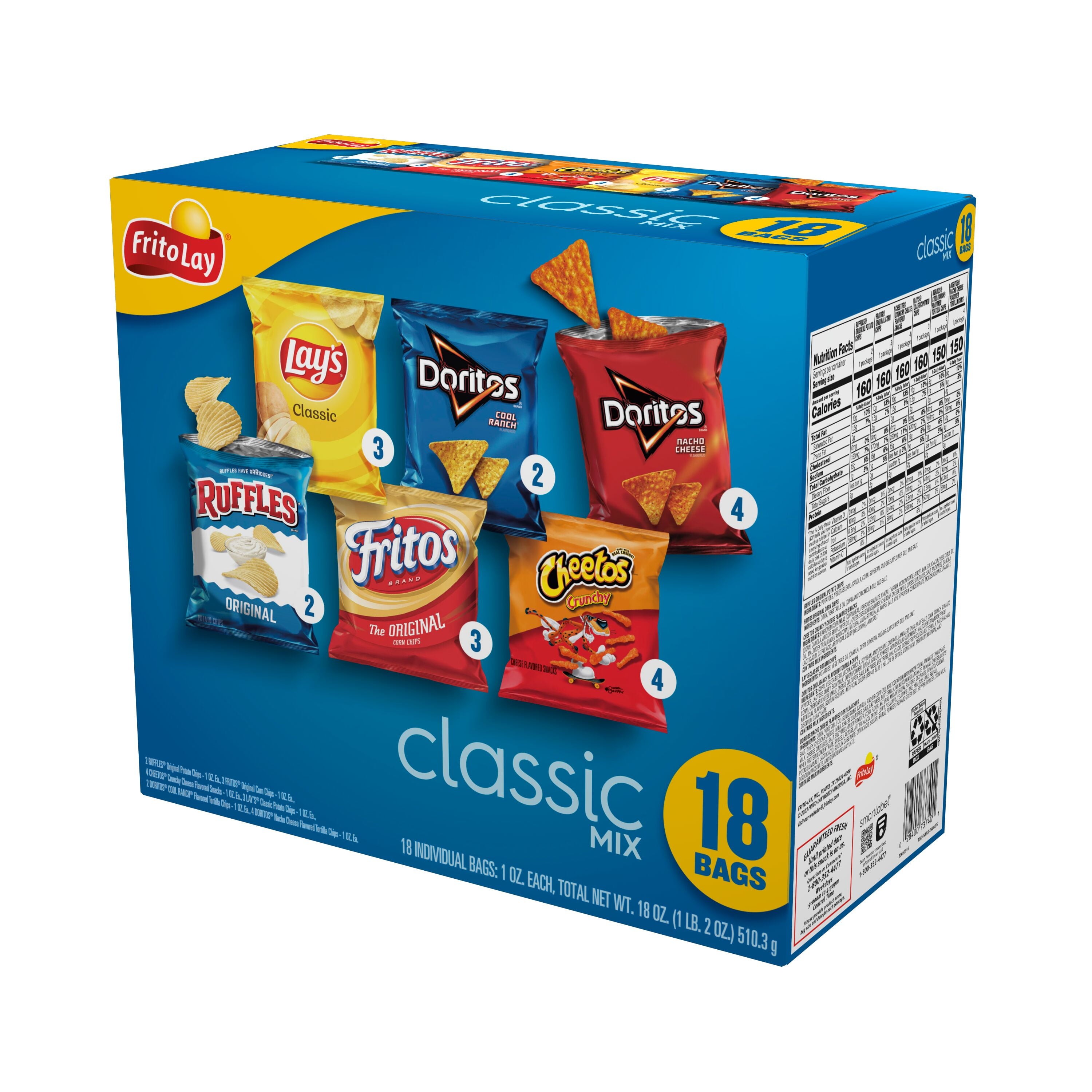 Frito-Lay Classic Mix Variety Pack Snack Chips, 1oz Bags, 18 Count ...