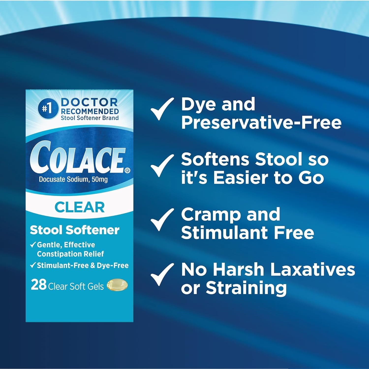 Colace Clear Stool Softener Soft Gel Capsules Constipation Relief 50mg