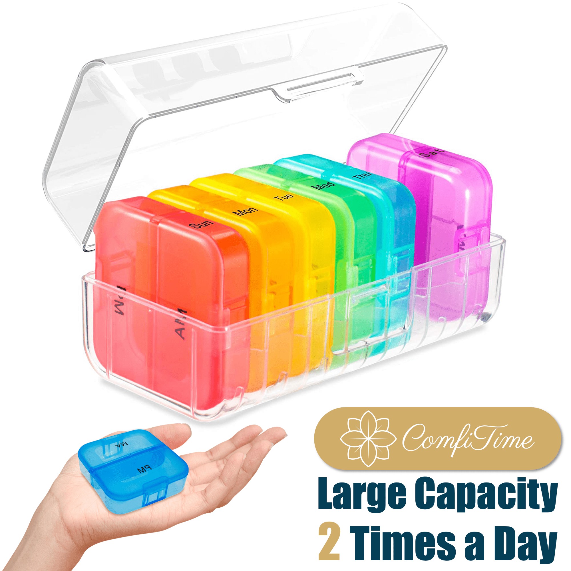 Comfitime Pill Organizer Weekly Medicine Organizer, 3 Times A Day, Travel Pill Box with AM/PM Daily Pill Containers, 7 Day Pill Case Holder for
