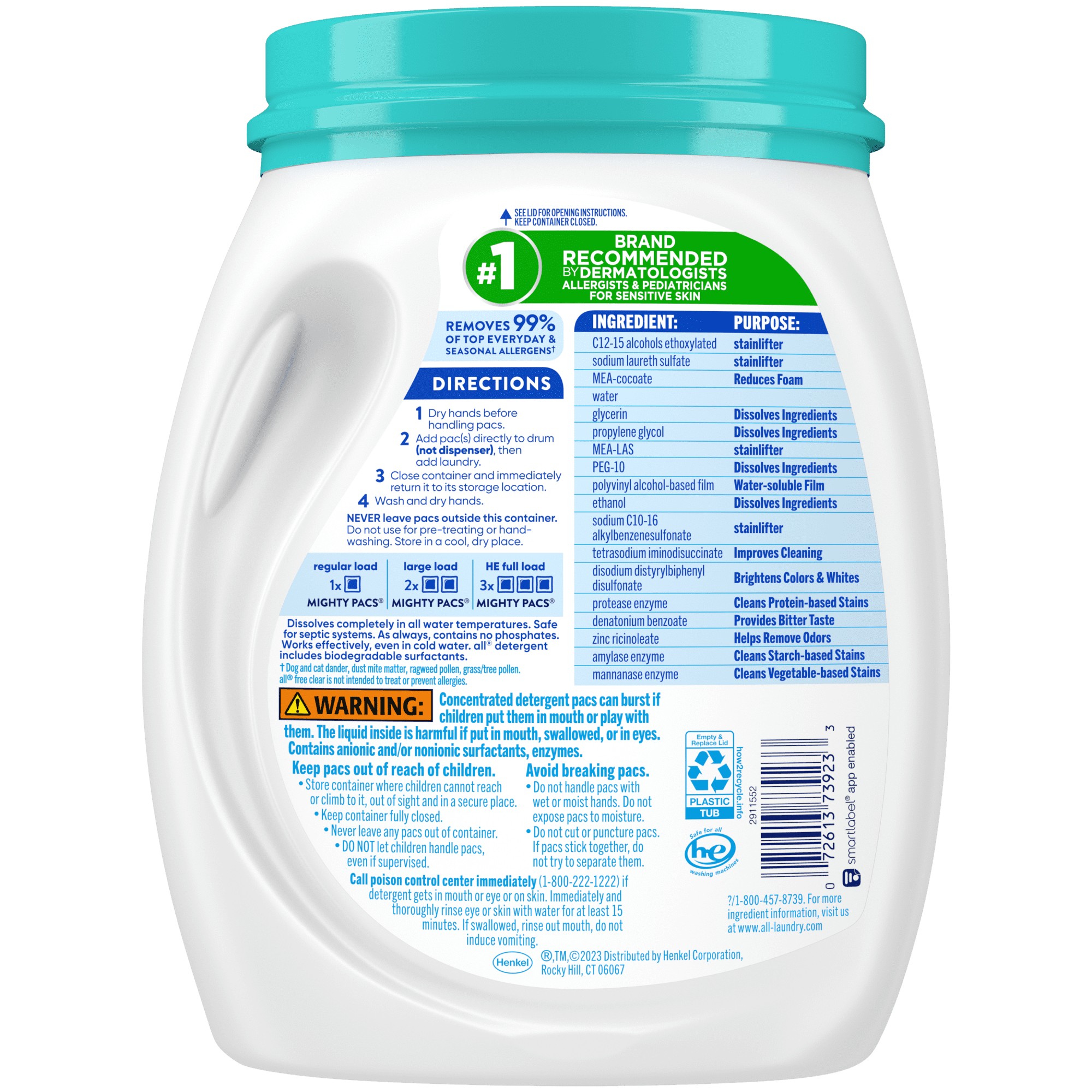 all Mighty Pacs Laundry Detergent, Free Clear Odor Relief, Tub, 56