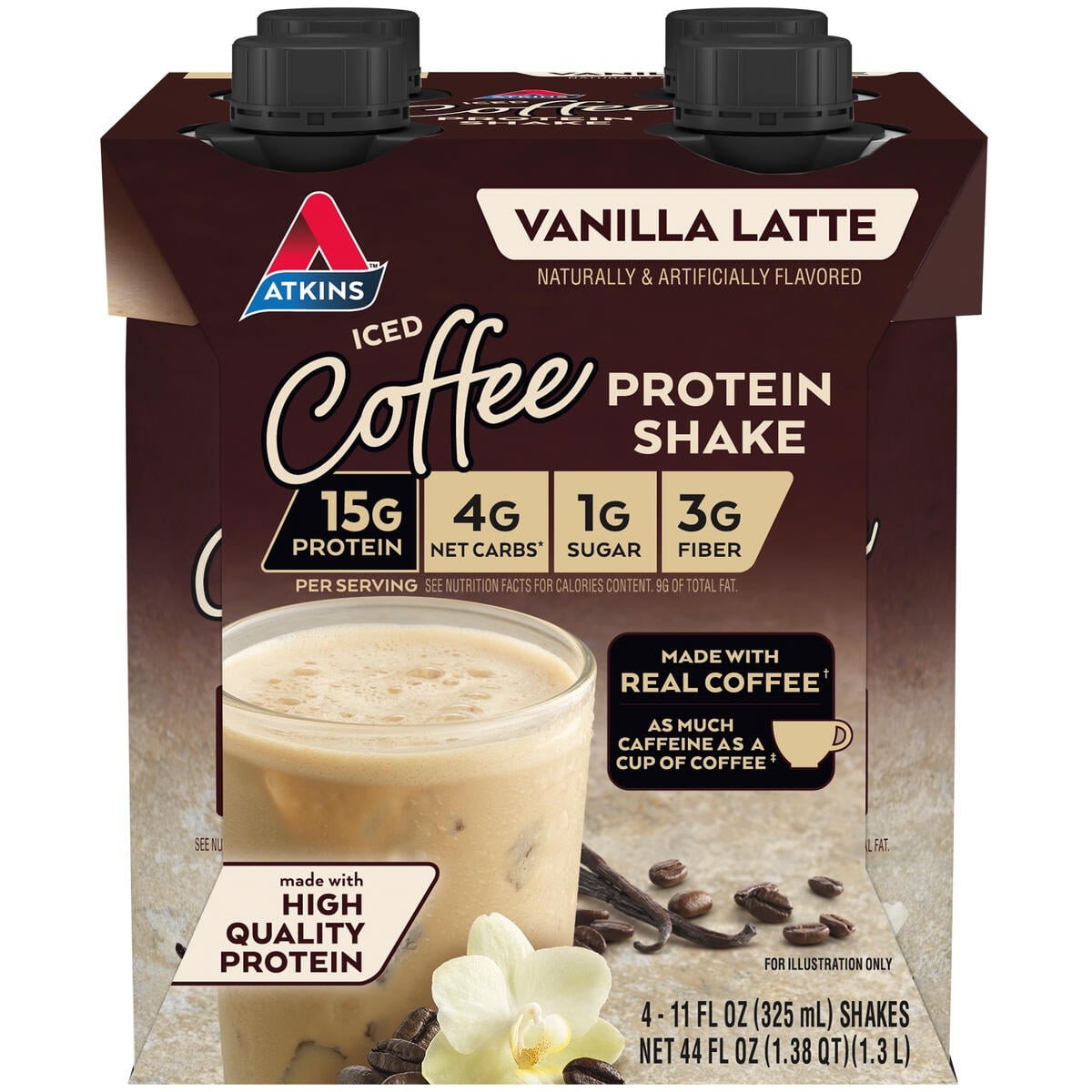 Atkins Iced Coffee Vanilla Latte High Protein Shake, Low Carb, Low