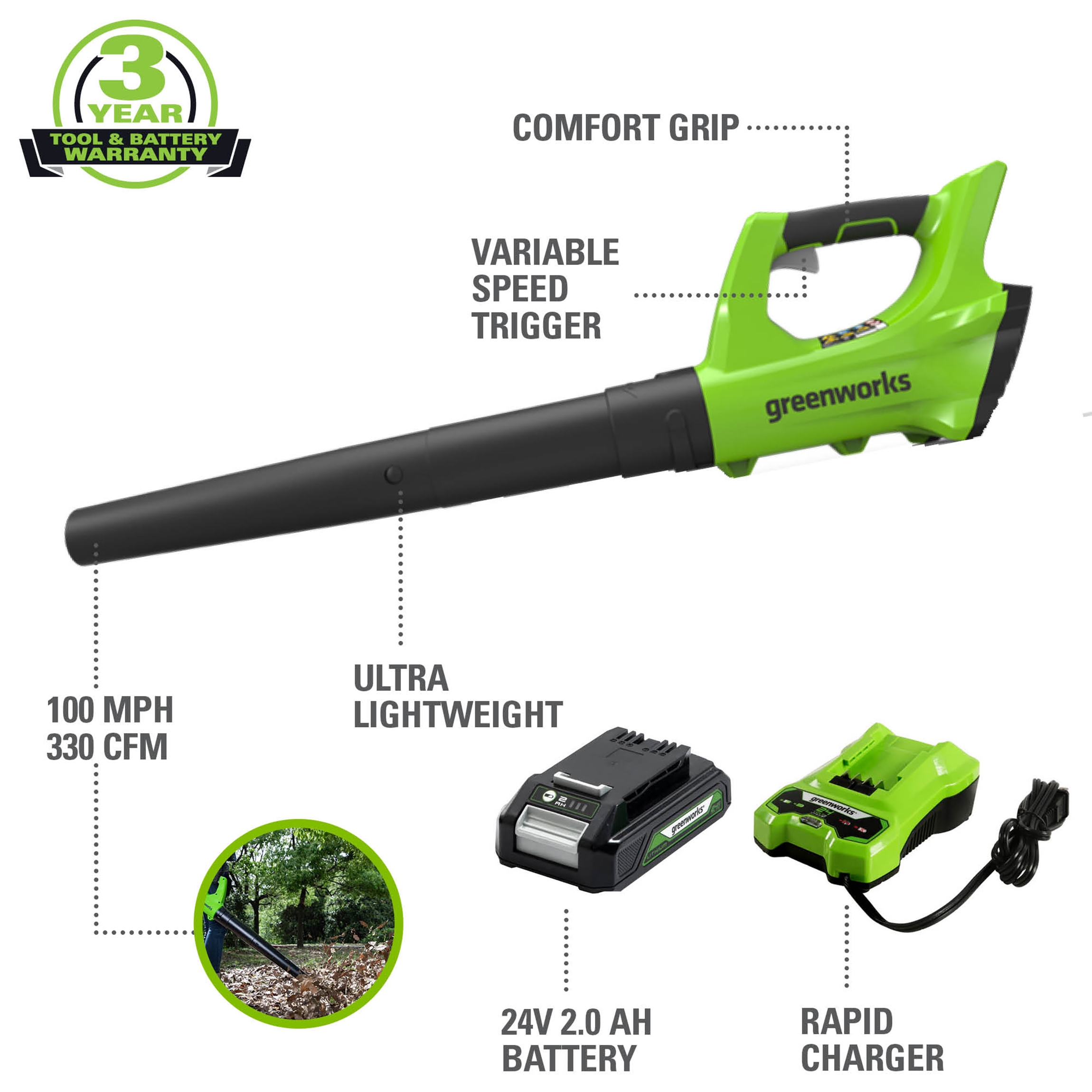 Greenworks 24V Cordless String Trimmer and Blower Combo, 2Ah Battery