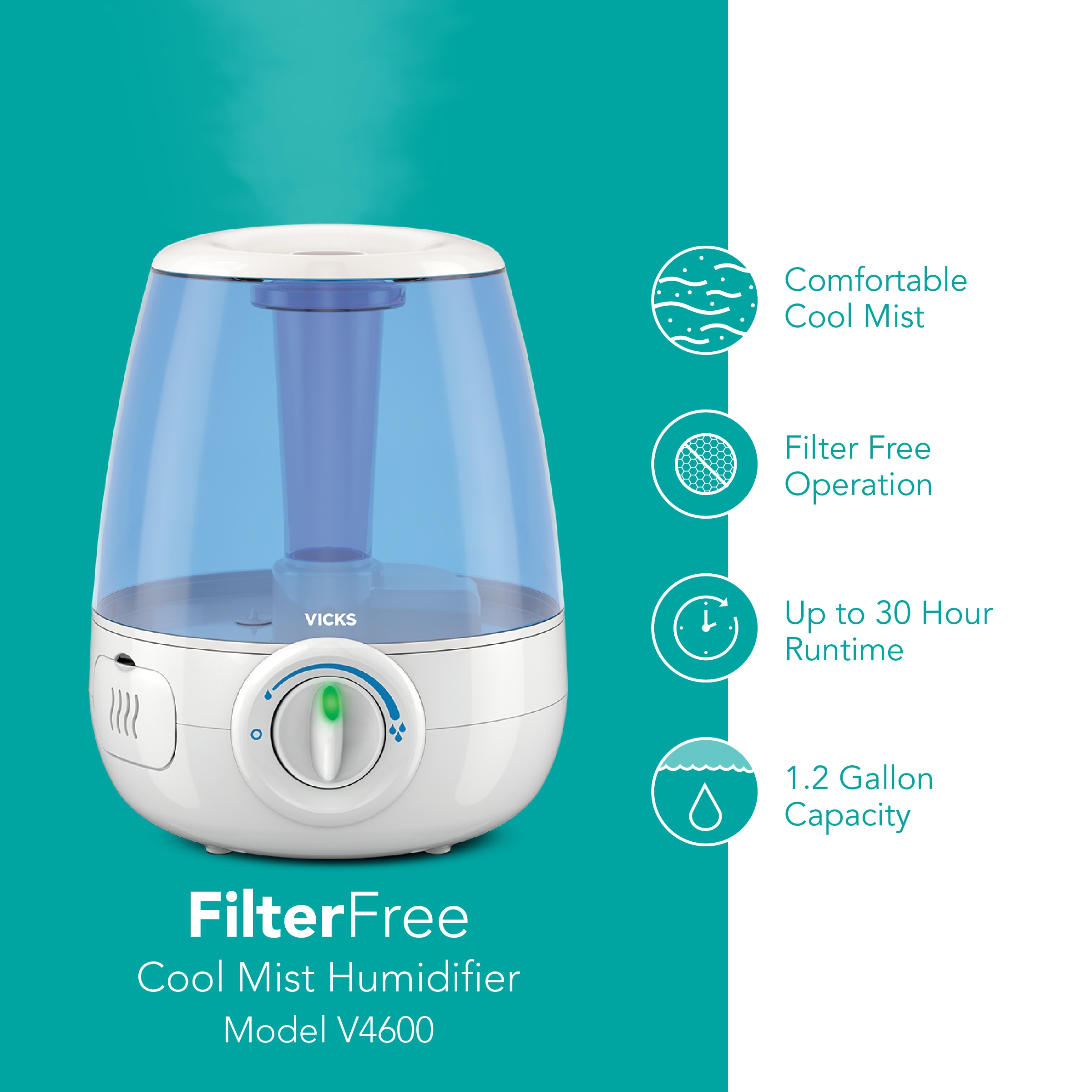 Vicks 1.2 Gallon FilterFree Cool Mist Humidifier, 200 sq ft, Blue