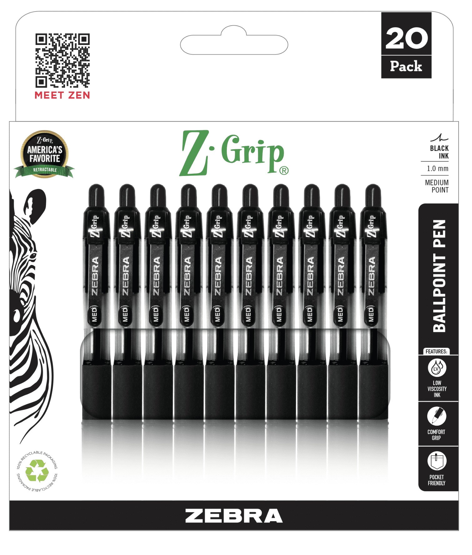 Mejores ofertas e historial de precios de Zebra Z-Grip Retractable  Ballpoint Pens, 1.0mm, Medium Tip, Black Ink, 20-Count en