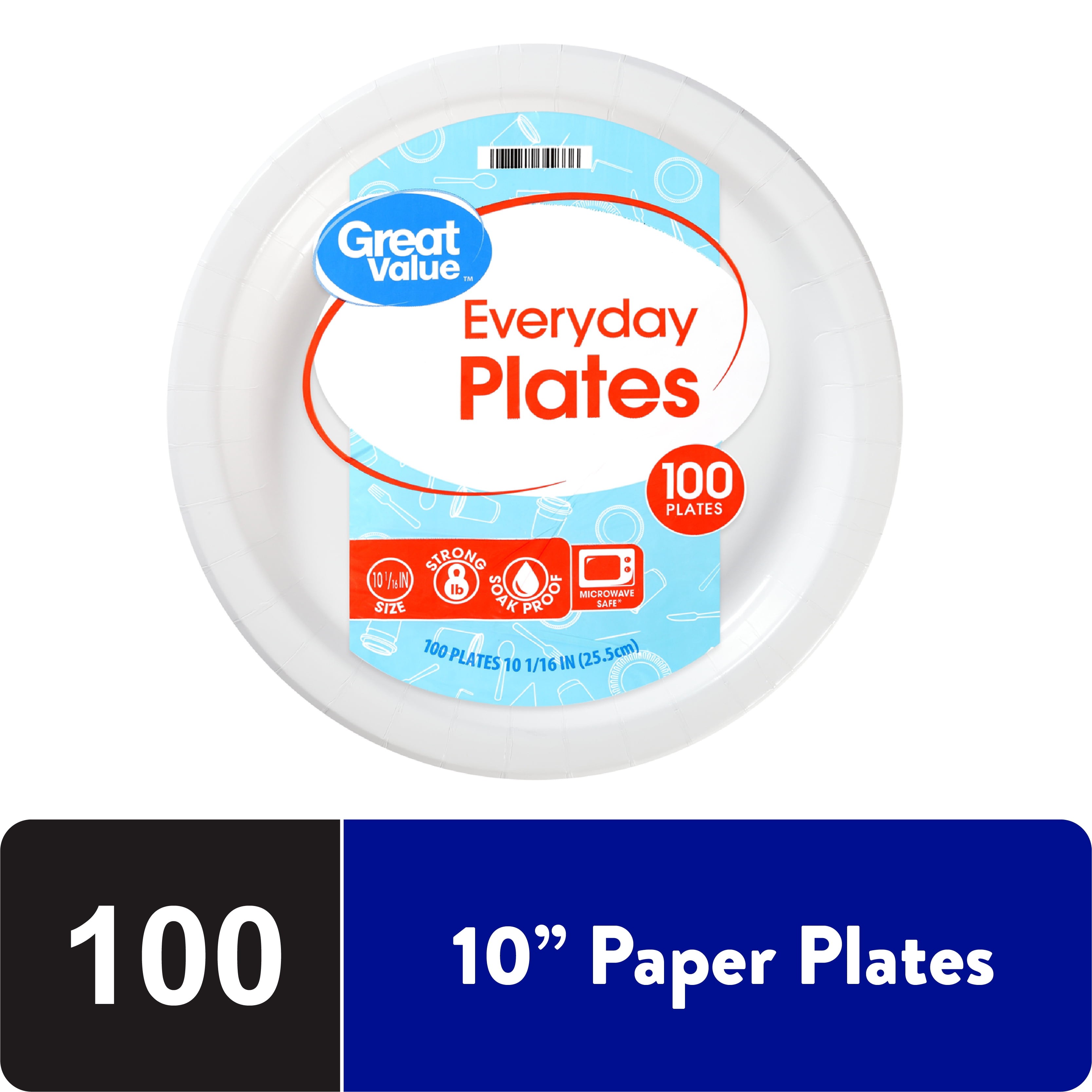 Great Value Uncoated Disposable Paper Plates, 9 inch, 100 Count