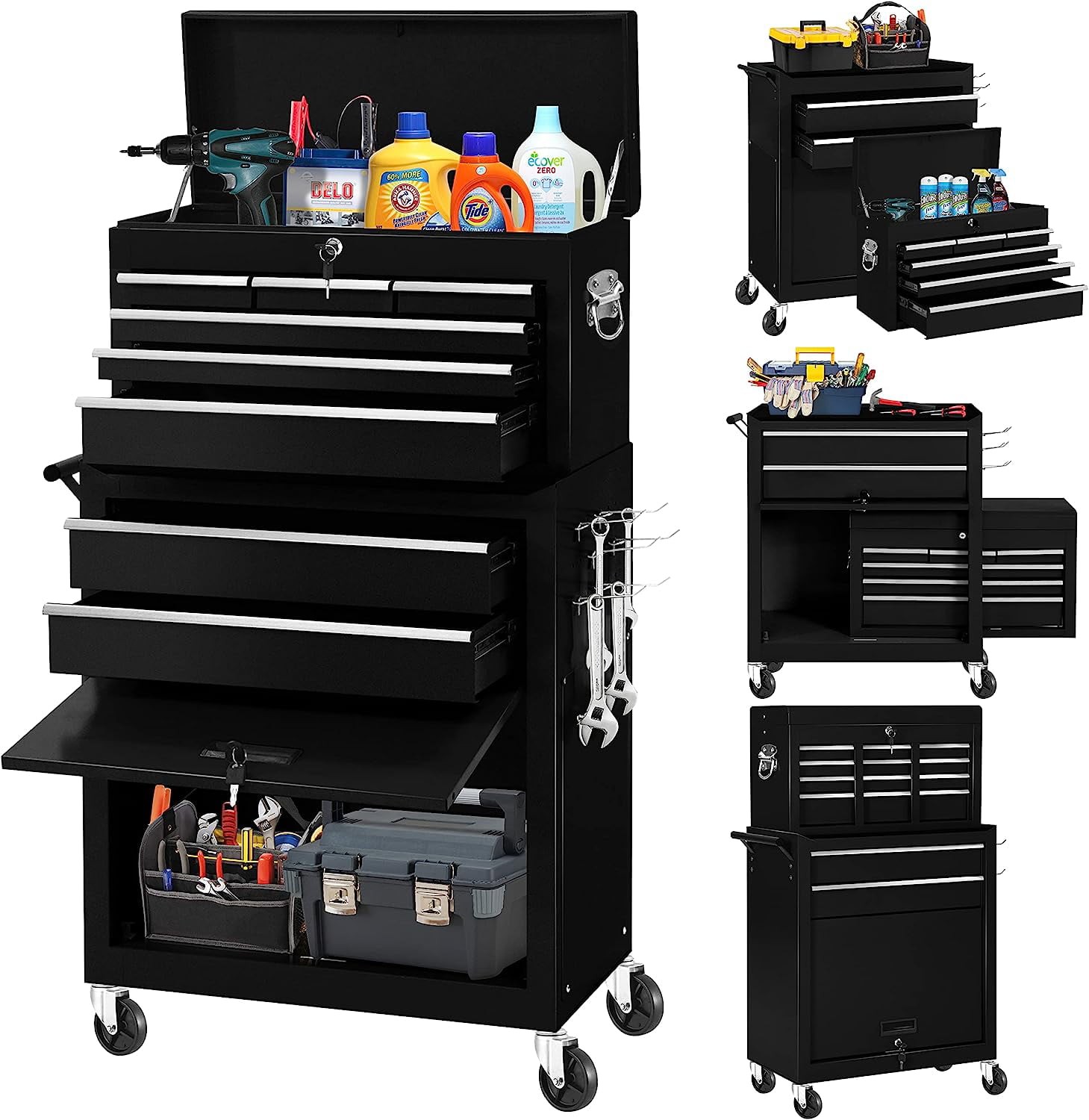 2-in-1tool Chest & Cabinet, Large Capacity 8-Drawer Rolling Tool Box Organizer with Wheels Lockable, Black