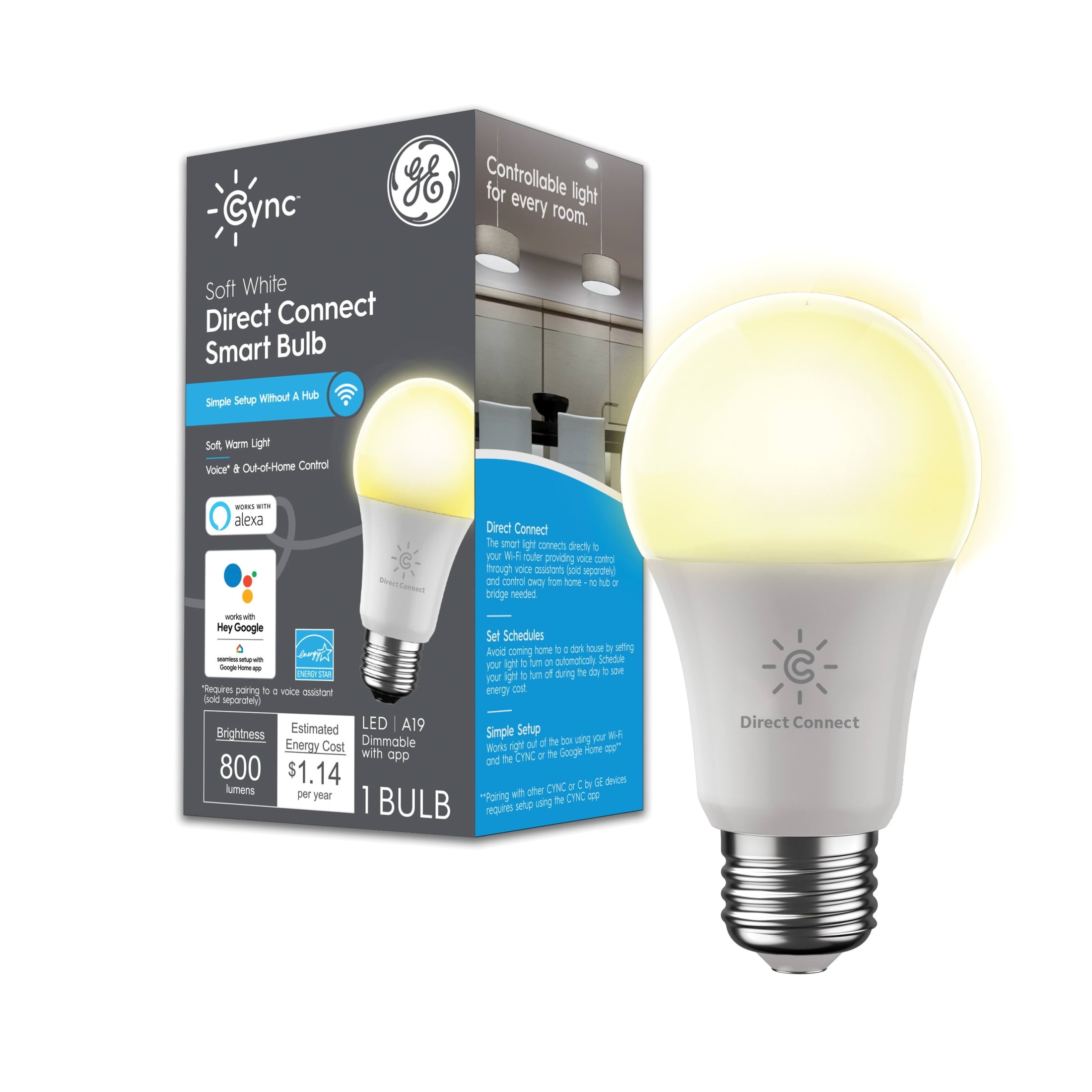 GE Cync Smart LED Light Bulb, 60 Watt, Soft White, A19 Bulb, Medium ...