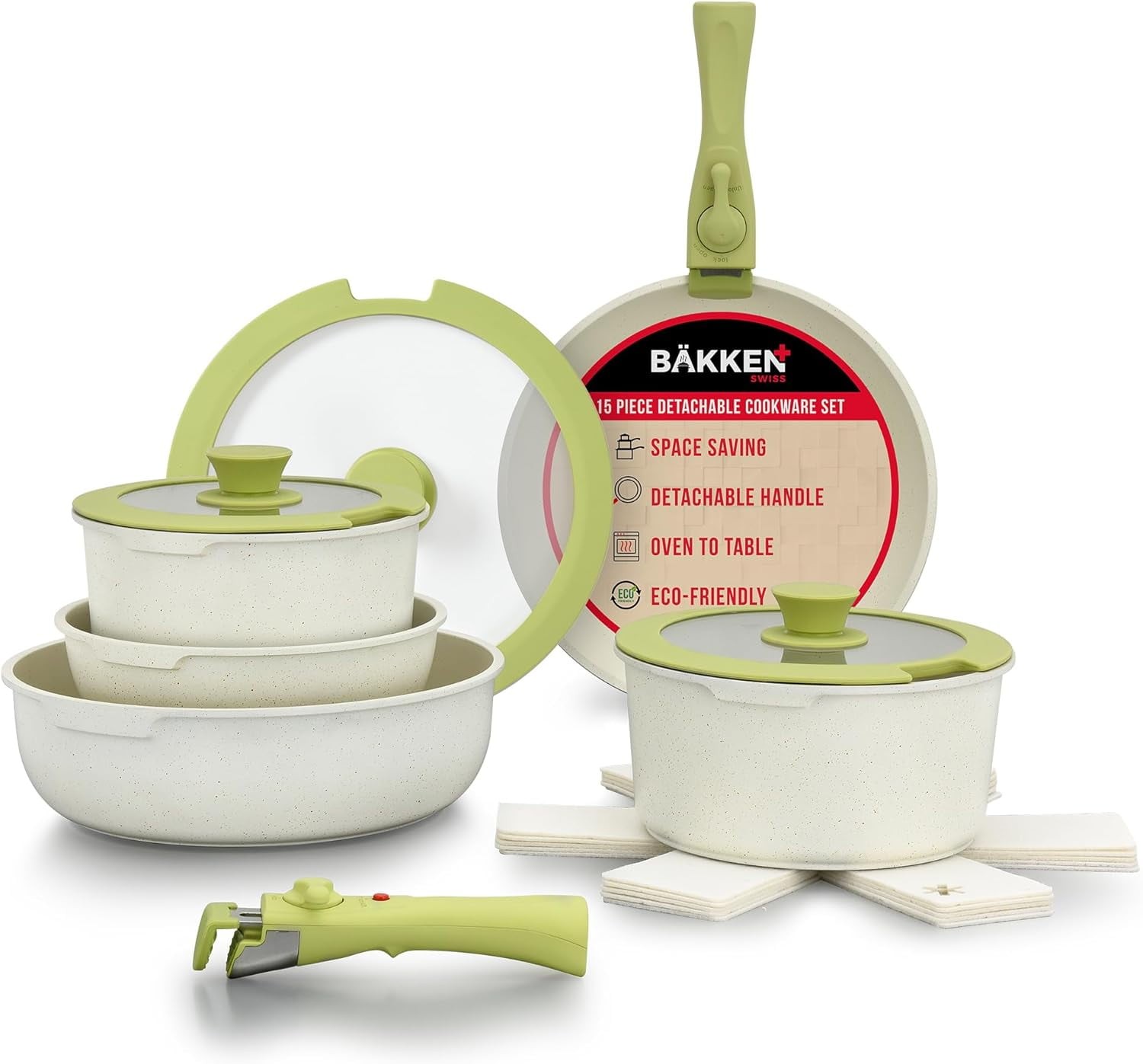 BakkenSwiss Detachable 15Piece Cookware Set Granite NonStick Eco