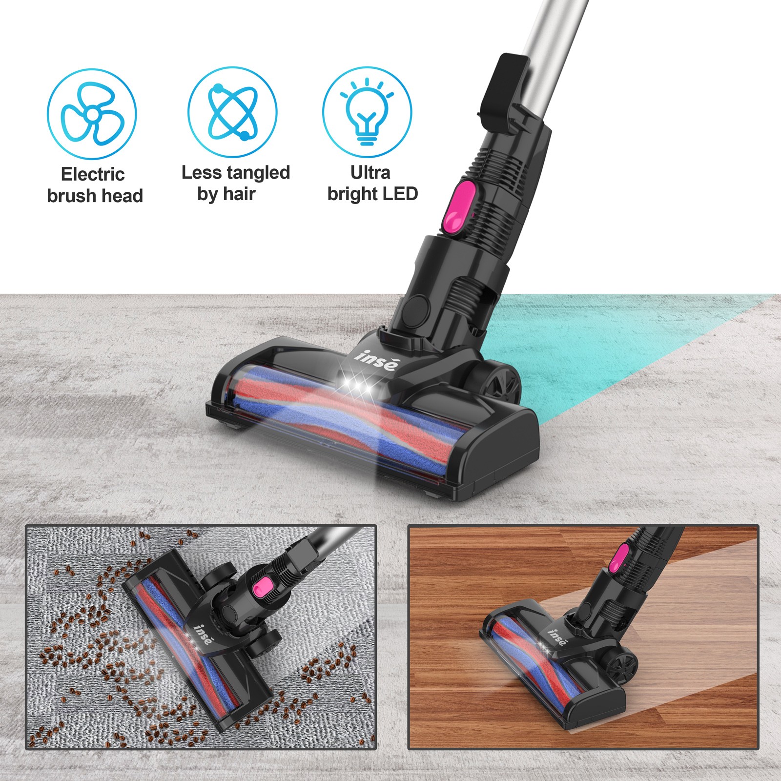 INSE Cordless Vacuum Cleaner,25Kpa Powerful Stick Vacuum,6-in-1