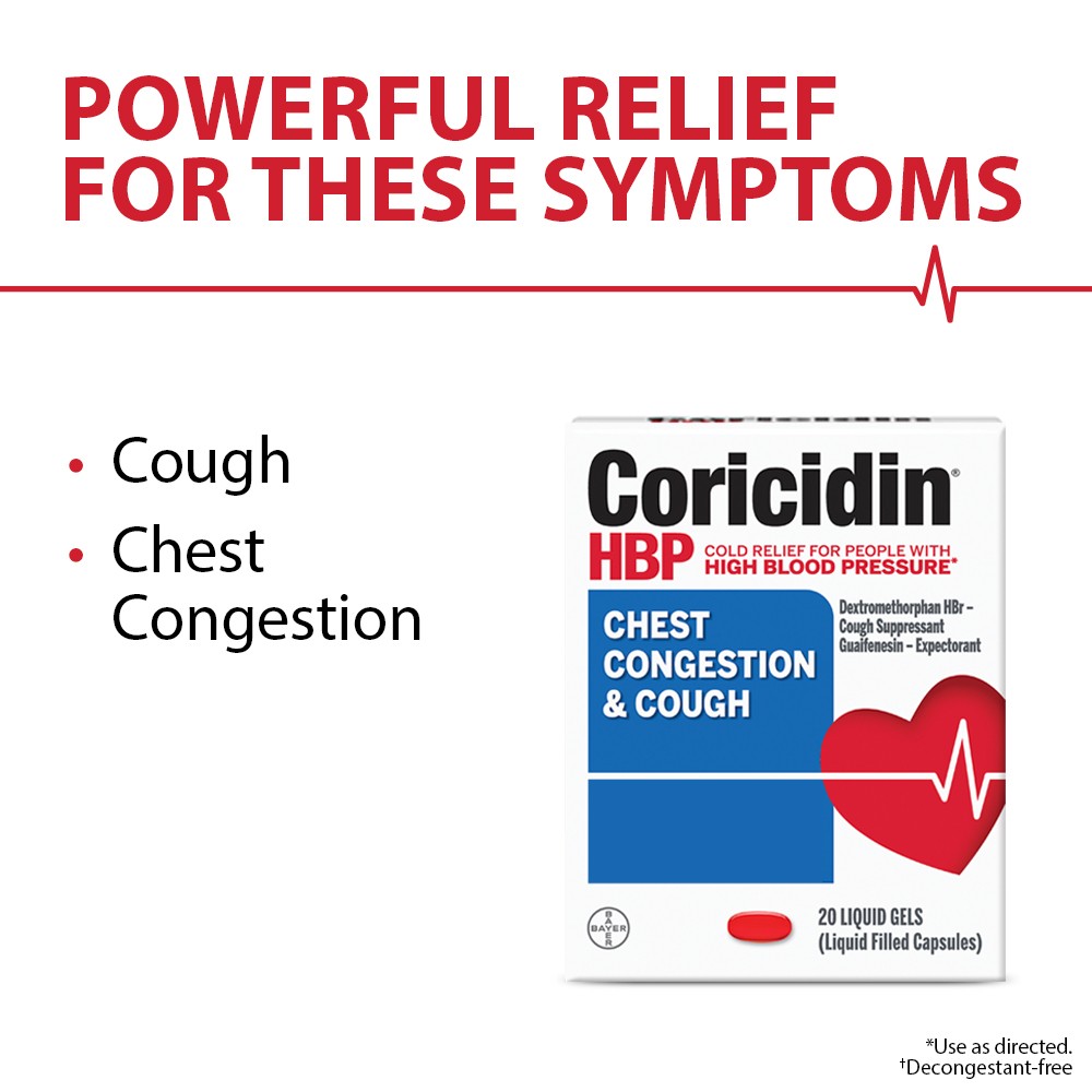 Coricidin HBP Chest Congestion & Cough Medicine, Liquid Gels, 20 Ct