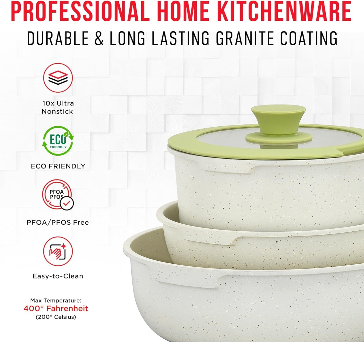 BakkenSwiss Detachable 15Piece Cookware Set Granite NonStick Eco