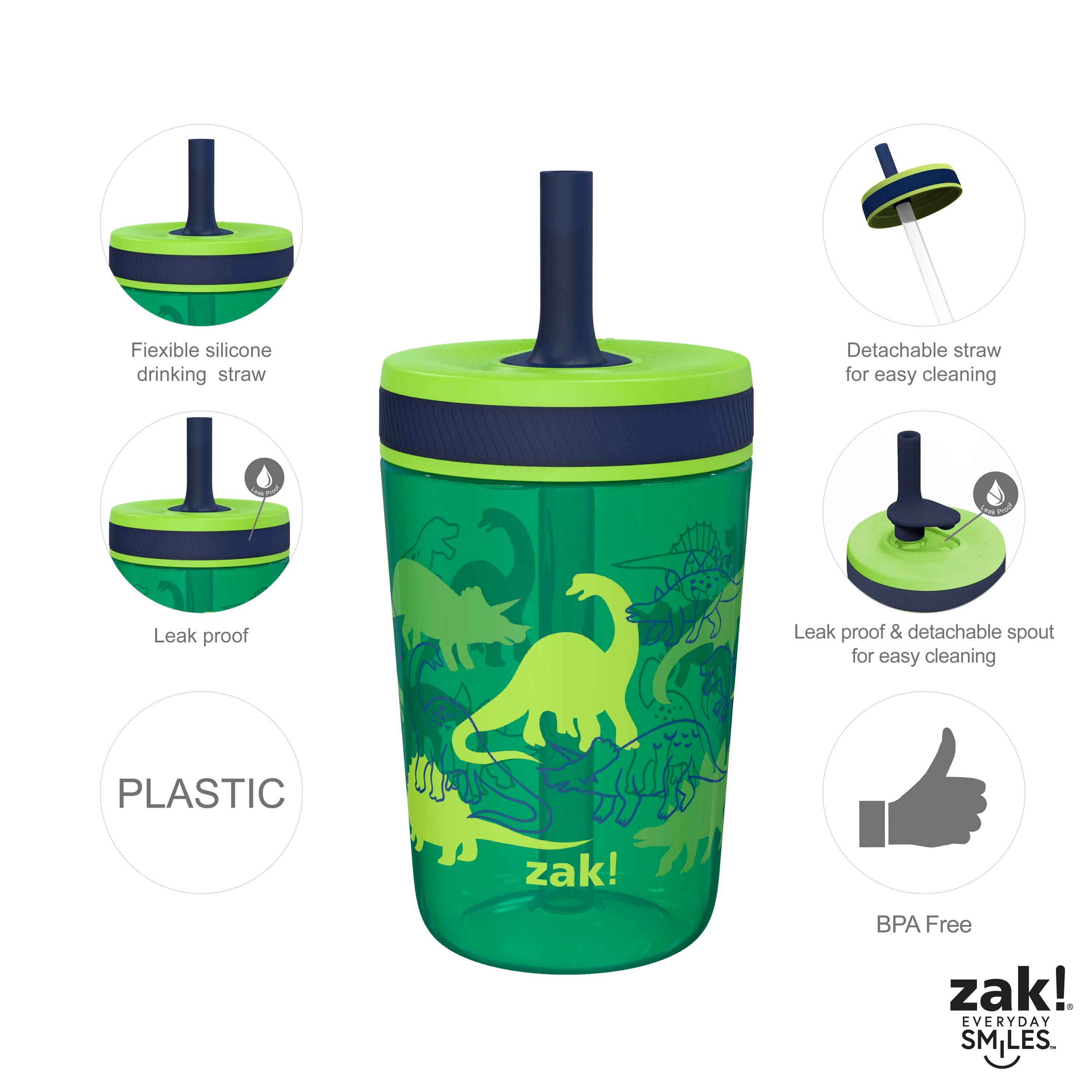 Zak Designs 3PC Kelso Straw Tumbler Set, 12oz Stainless Steel and 15oz Plastic, 2 Cups and 1 Bonus Straw, Leakproof and Perfect for Kids, Seashells