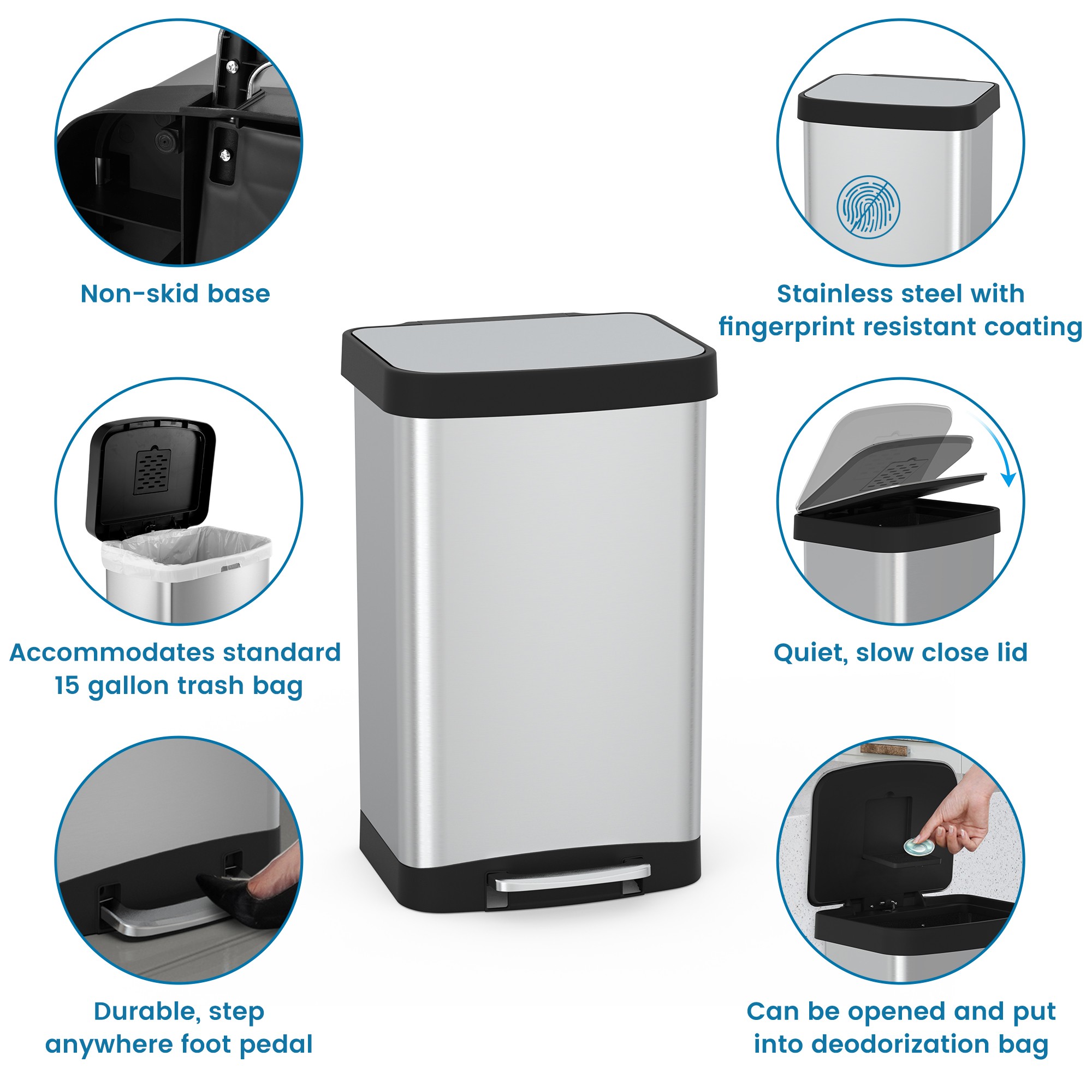 Innovaze 14.5 Gallon Trash Can, Stainless Steel Rectangular Step On