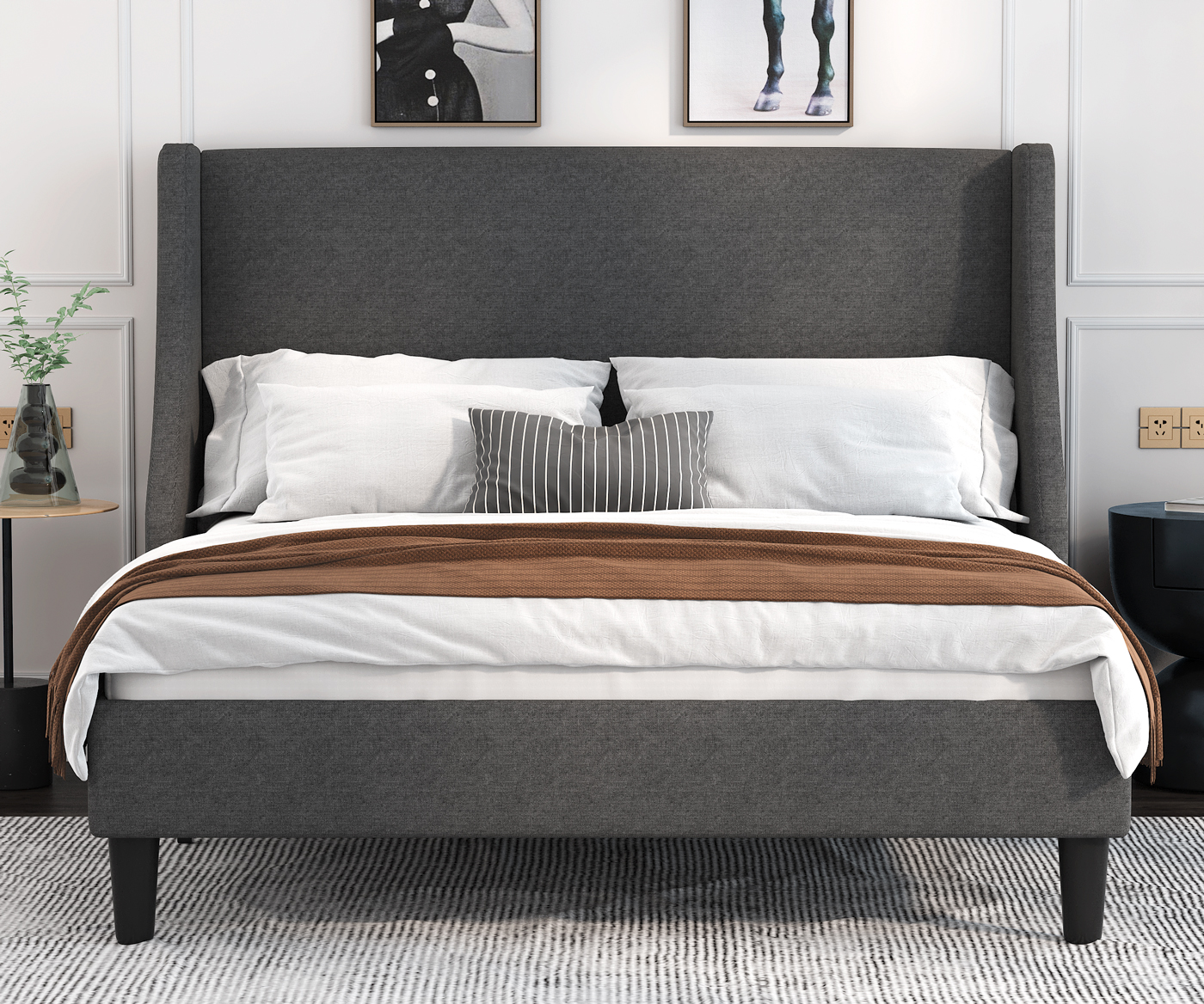 Allewie Queen Size Platform Bed Frame with 3 Storage Drawers, Fabric  Upholstered, Dark Grey