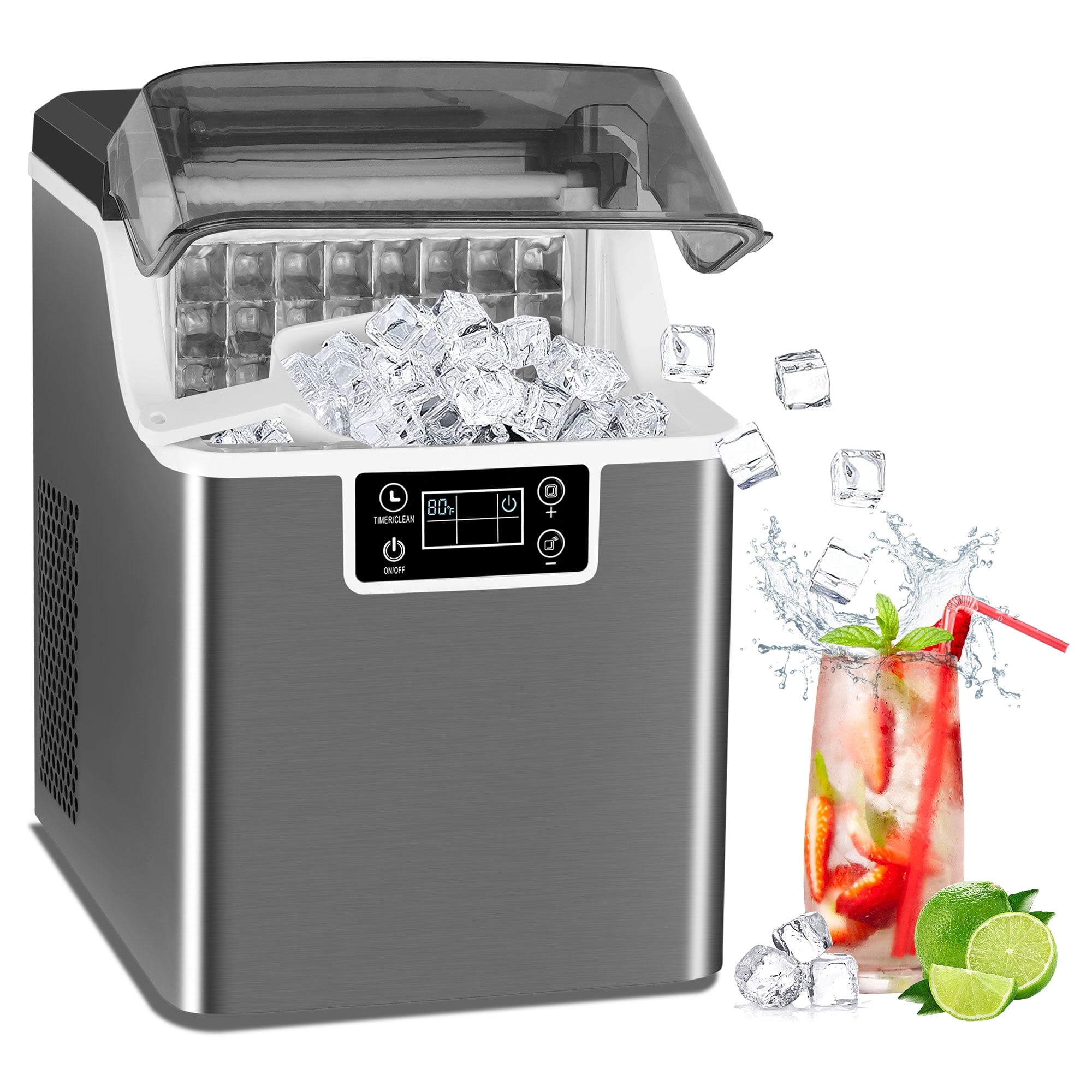 Auseo Nugget Ice Maker Countertop, Portable Pebble/Pellet Ice Maker Machine with Auto Self-Cleaning,33Lbs/24Hrs, Ice Scoop and Basket,Stainless Steel