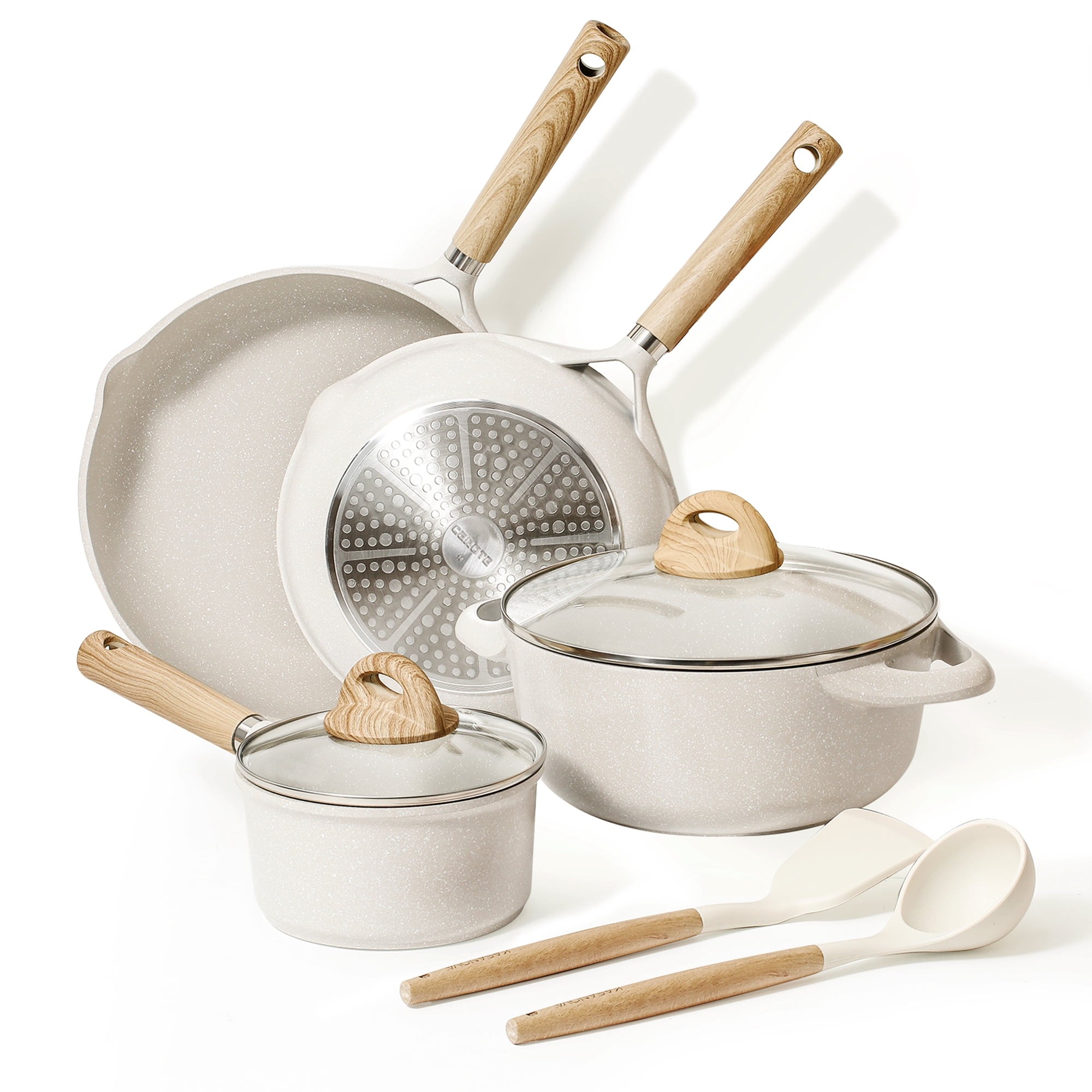 Carote Nonstick Pots and Pans Set, 8 Pcs Induction Kitchen Cookware Sets ( Beige Granite) 