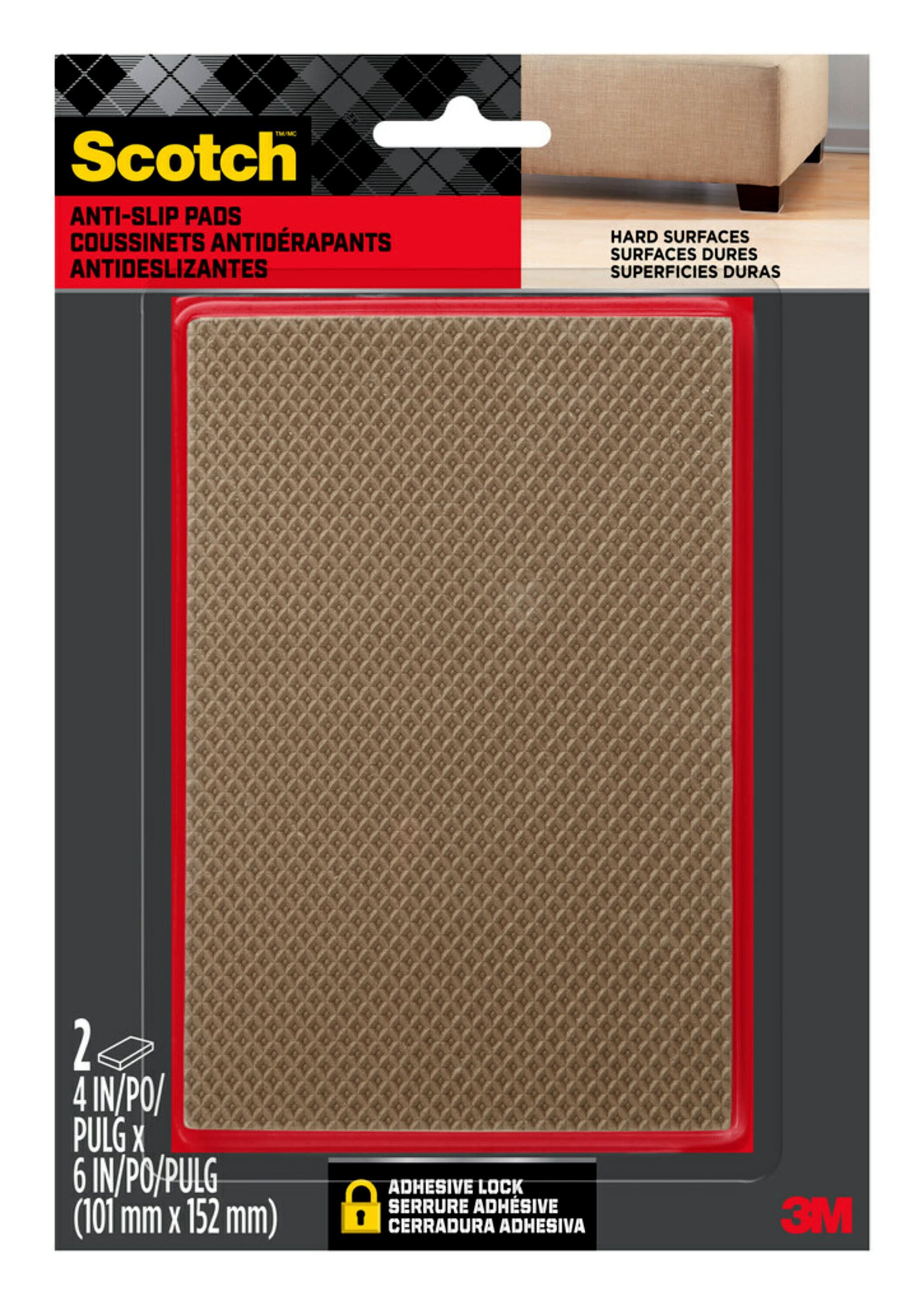 Scotch Gripping Pads, Rectangle, Brown, NonSlip Protection for Hard Surfaces, 4" x 6", 2 Pack