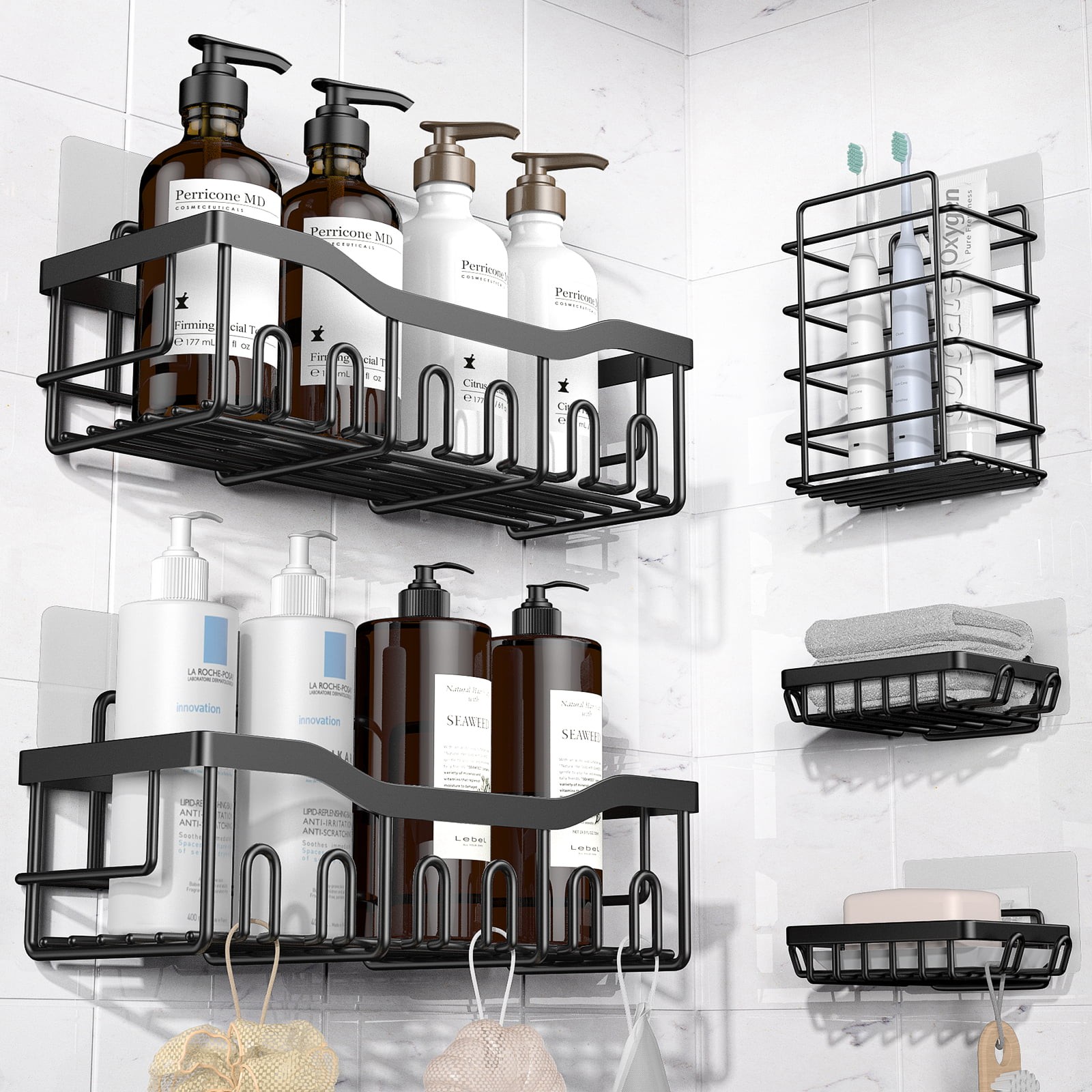 Dracelo 2-Pack Silver Adhesive Stainless Steel Corner Shower Caddy Storage Shelf with 4 Hooks