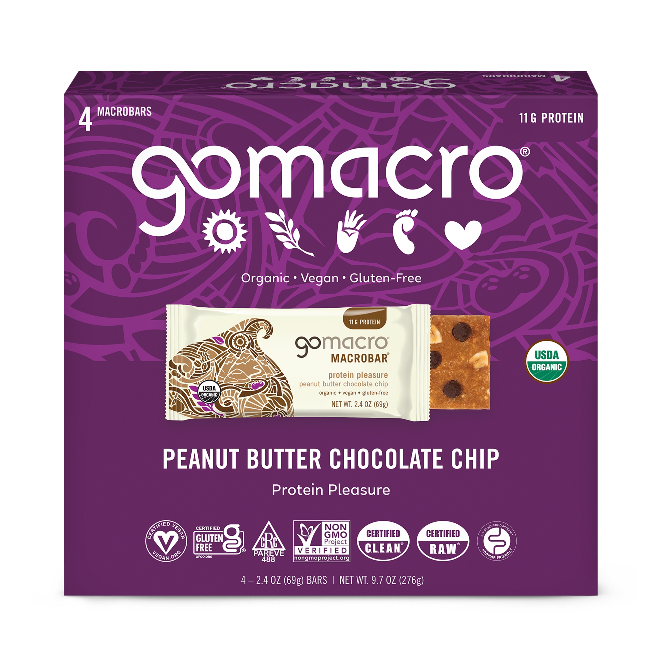 GoMacro MacroBar, Peanut Butter Chocolate Chip, Organic Vegan Protein