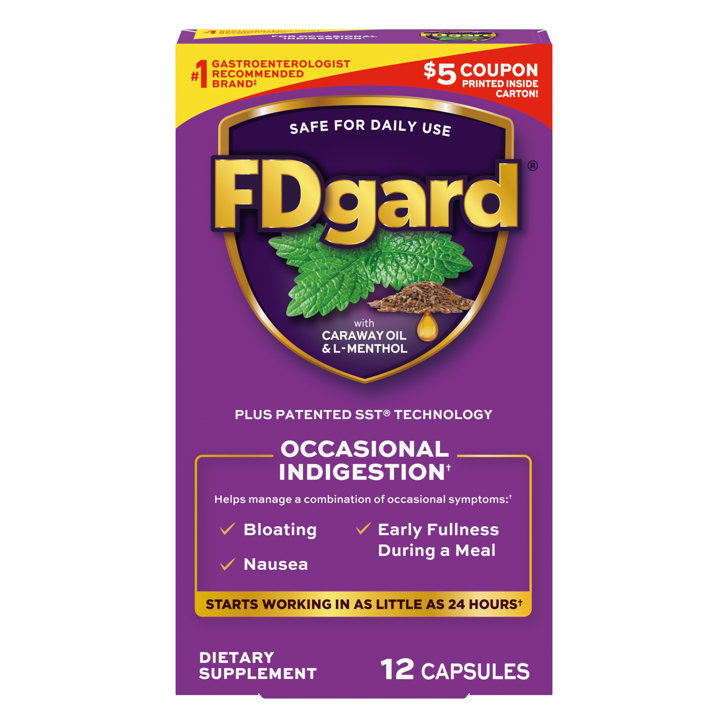 FDgard Gut Health Supplement, Indigestion, Nausea & Bloating, Upset Stomach, 12 Capsules