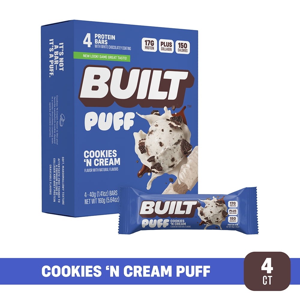 BUILT Puff Protein Bar, Cookies N' Cream, 17g Protein, Collagen, 150 ...