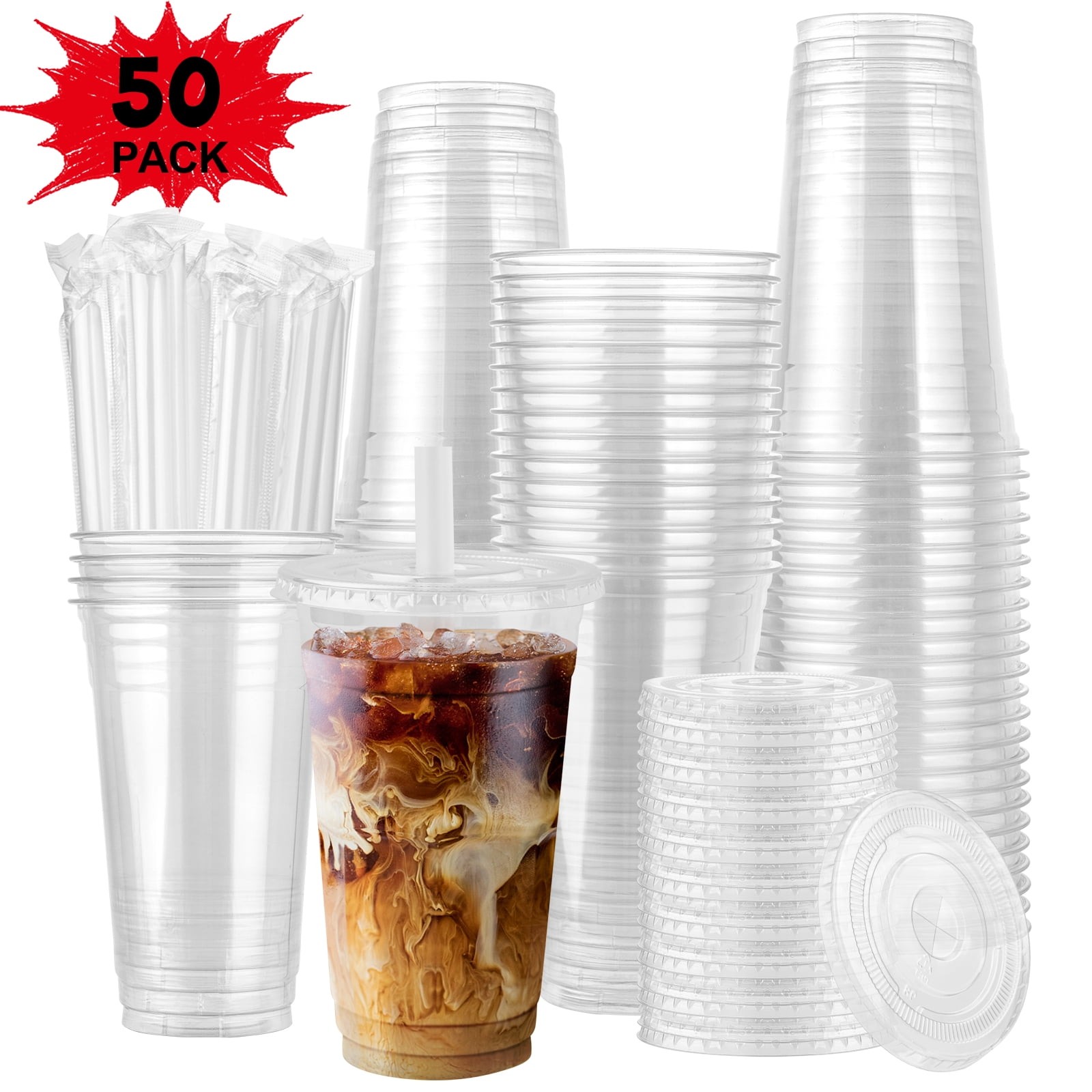 50 Pack] 20 oz Clear Plastic Cups with Flat Lids, Disposable Iced