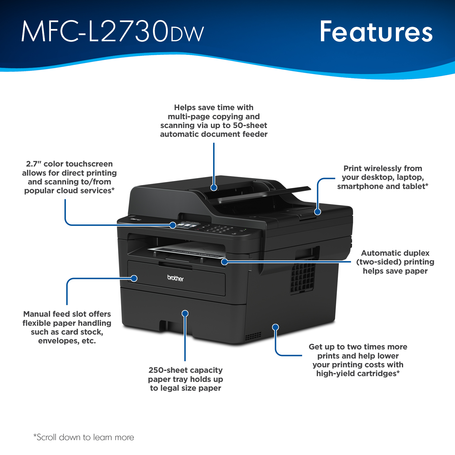 Brother MFC-L2730DW Monochrome Laser All-in-One Wireless Printer with 2 ...