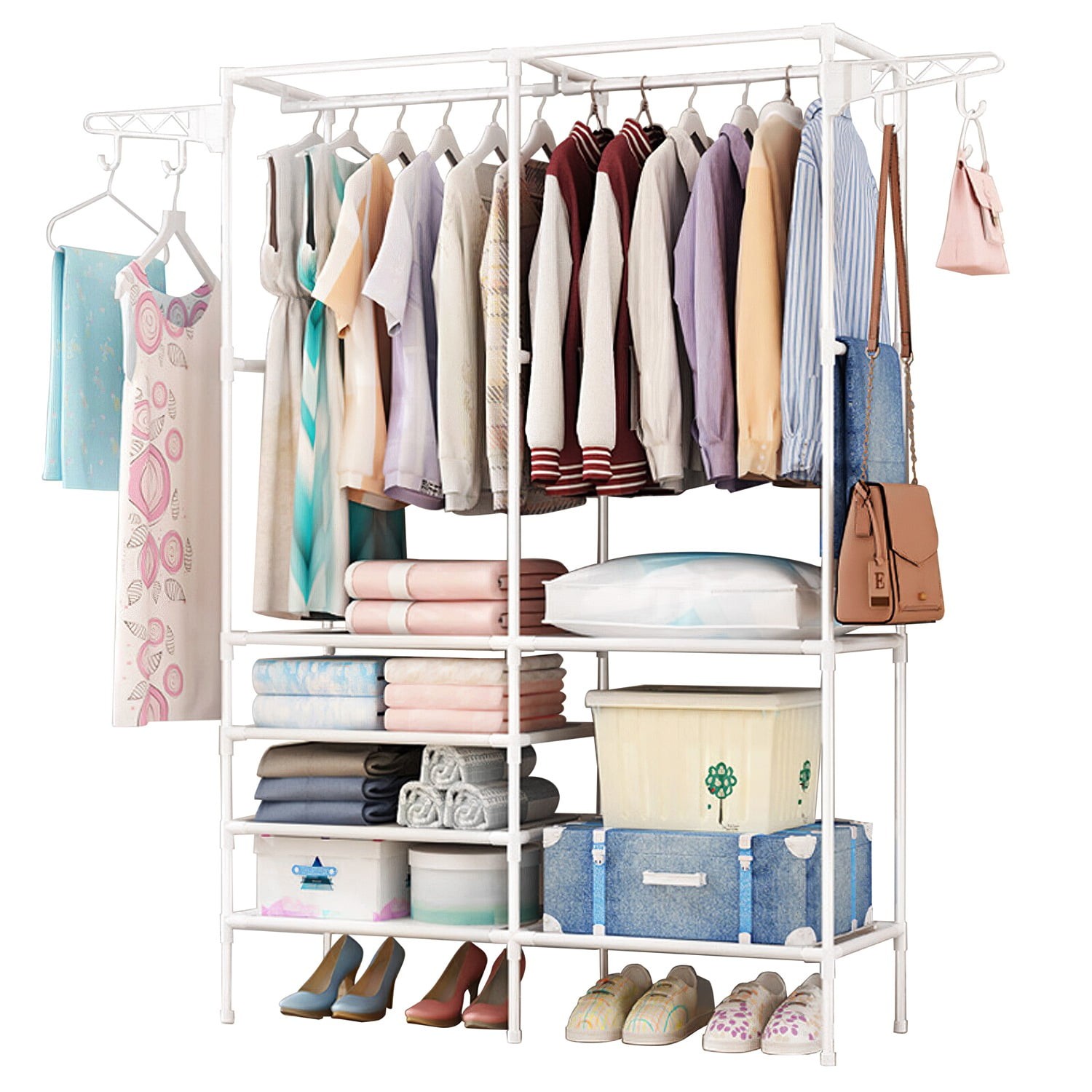 URTR White Clothing Garment Rack with Shelves, Metal Cloth Hanger Rack Stand Clothes Drying Rack for Hanging Clothes