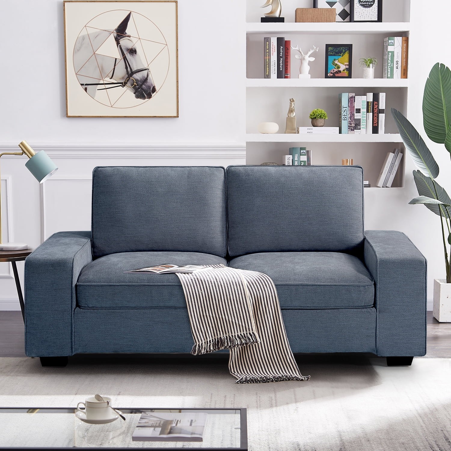 MERITLIFE Modern Sofa Couch with Solid Wood Frame for Living Room Furniture  Removable Back Cushion and Seat Cushion(Blue),71.25 Wide 2 Seater Sofa