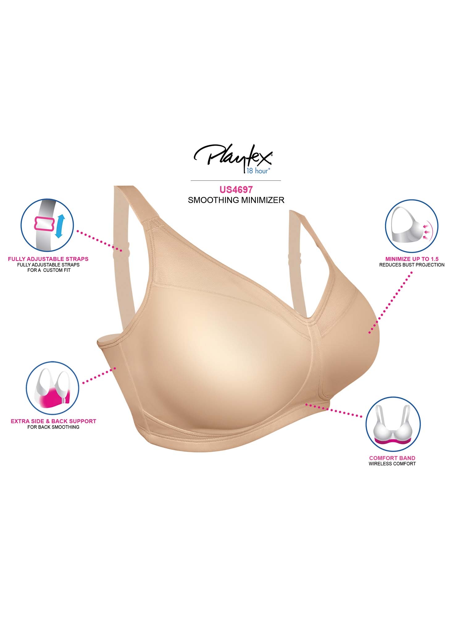 Playtex 18 Hour Smoothing Minimizer Wirefree Bra Black 44C Women's Best