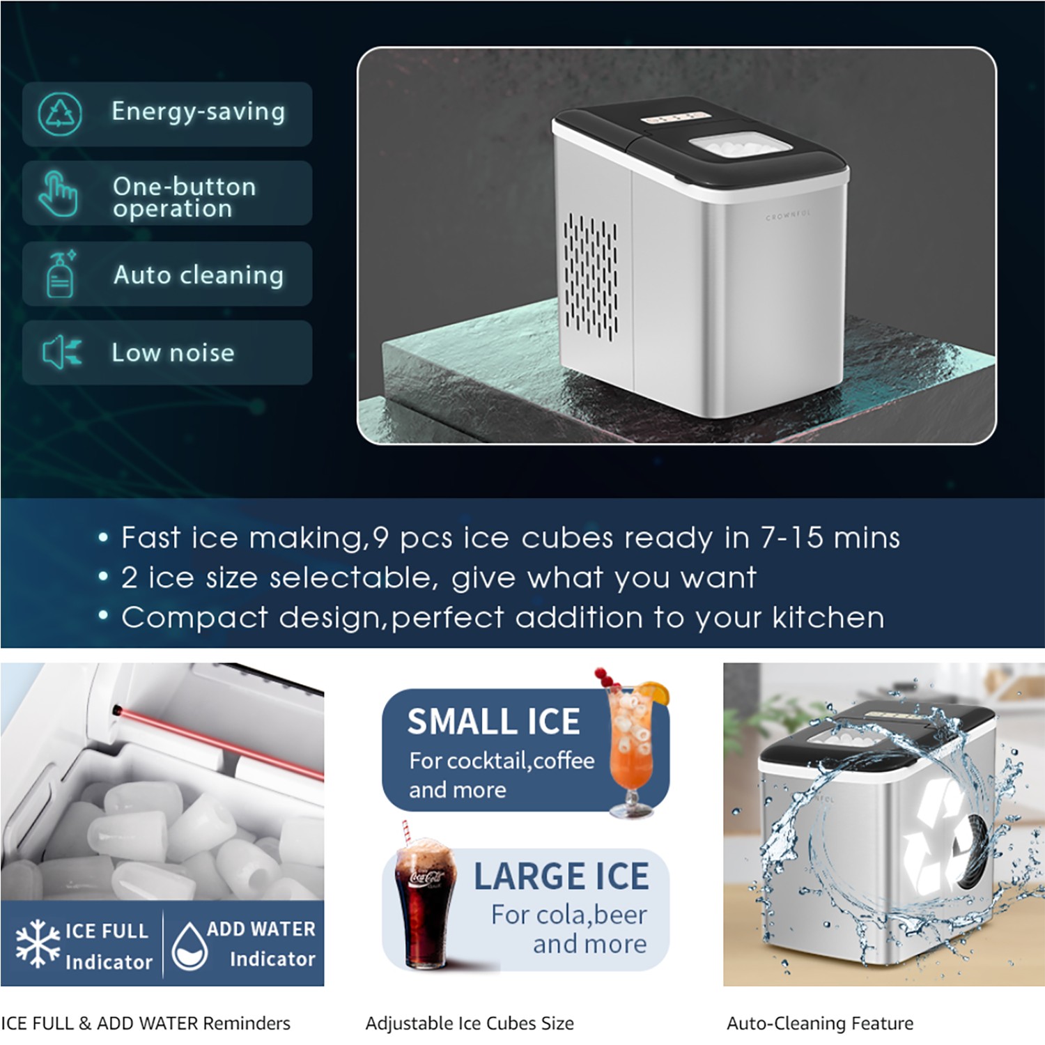 Crownful Ice Maker Machine Countertop, 26lbs/24H S/L 2 Sizes Ice Cubes