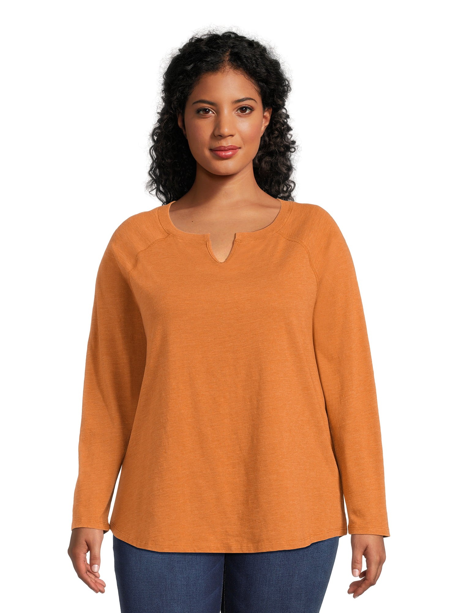 Terra & Sky Women's Plus Size Split Neck Tee with Long Raglan