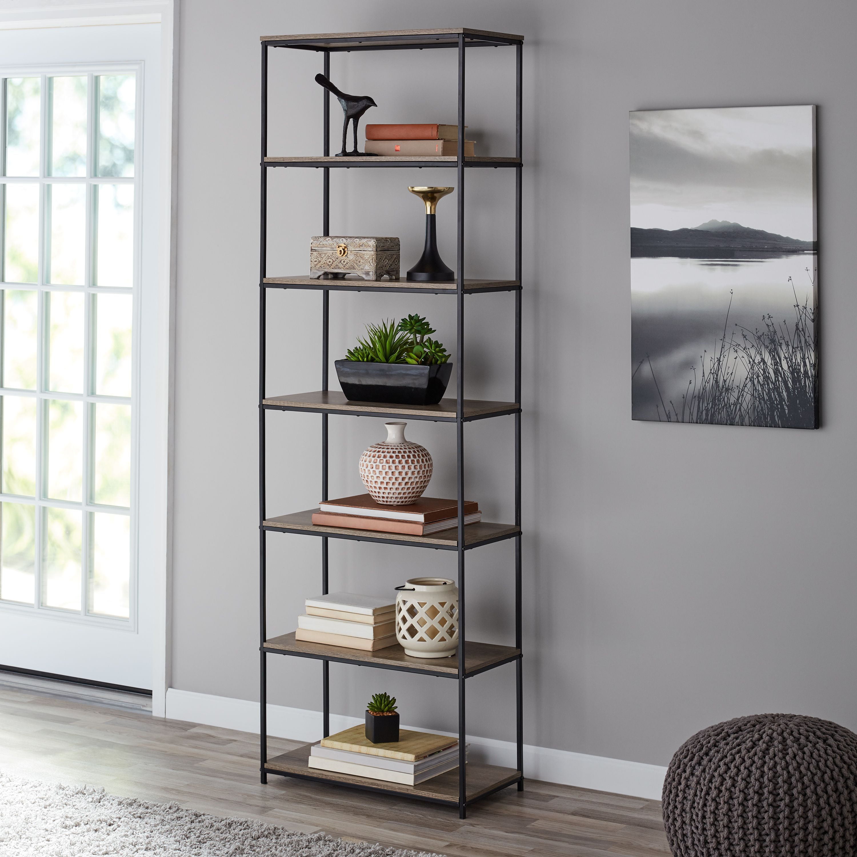 Tribesigns Brown Metal 12-Shelf Ladder Bookcase (39.37-in W x 70.86-in H x 11.81-in D) | HOGA-K0055