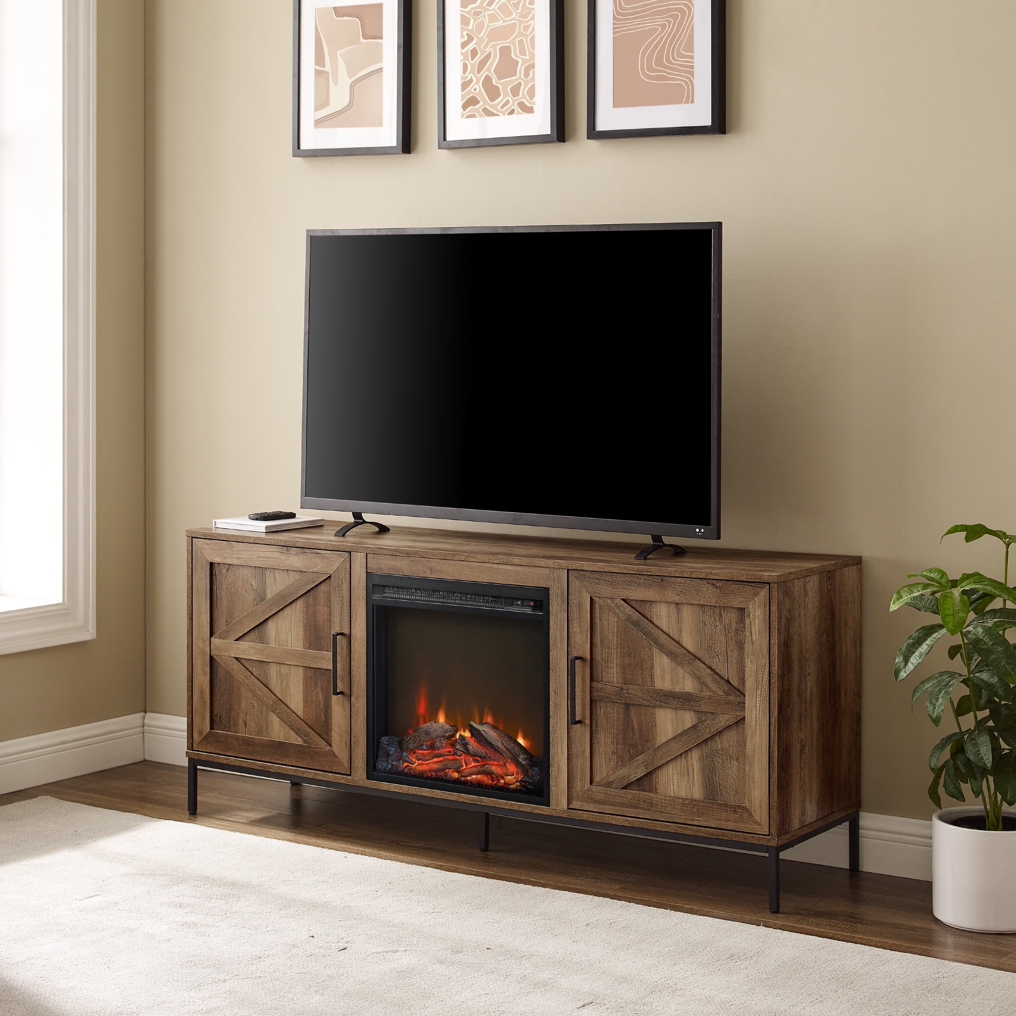 Honey oak tv stand deals with fireplace