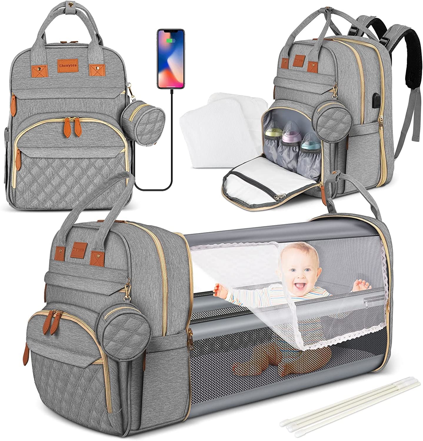 Diaper Bag Backpack Nappy Changing Bag with USB Charging Port