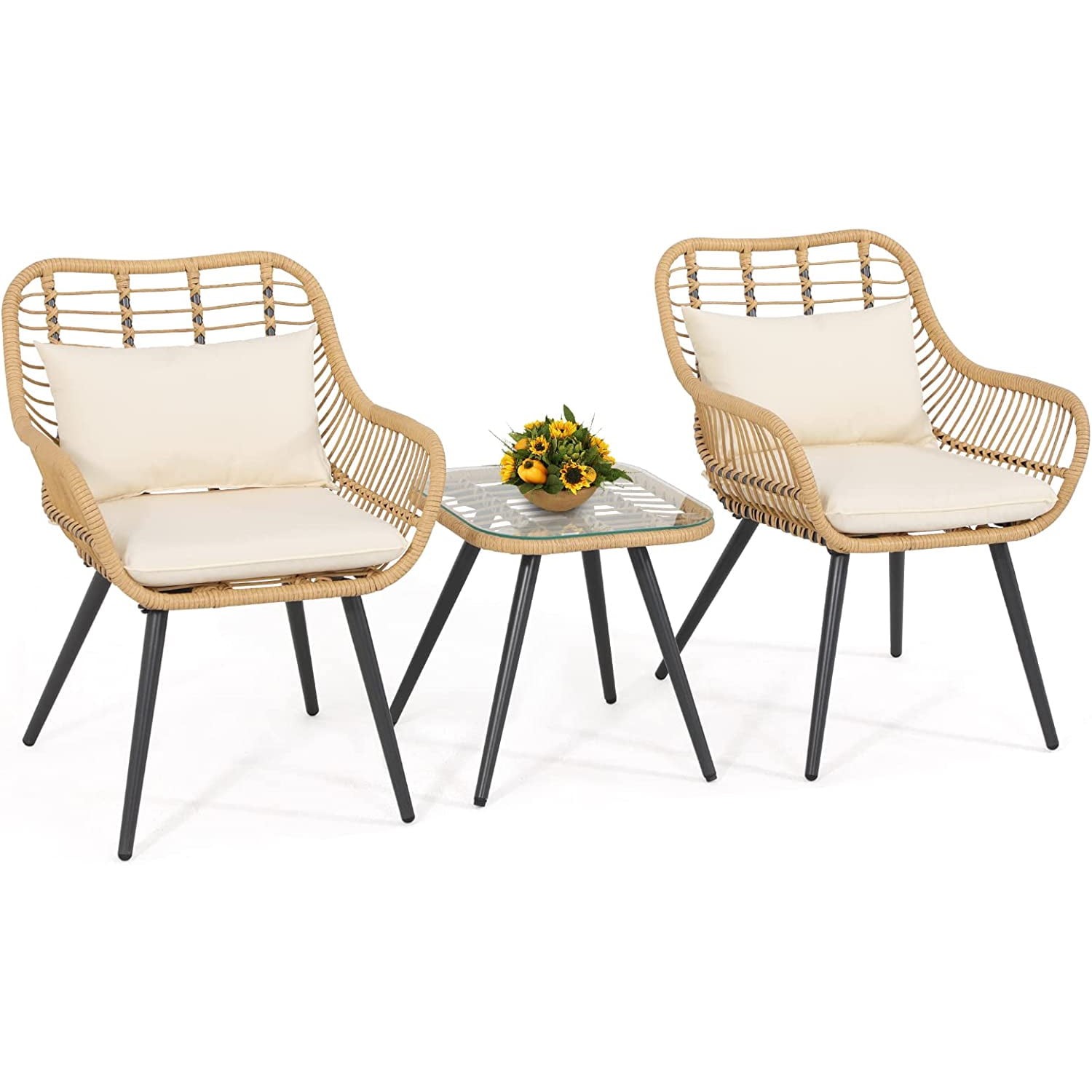 JOIVI 3 Piece Outdoor Wicker Furniture Bistro Set, Patio Rattan  Conversation Set with Round Glass Top Coffee Side Table, Cushions and  Lumbar Pillows