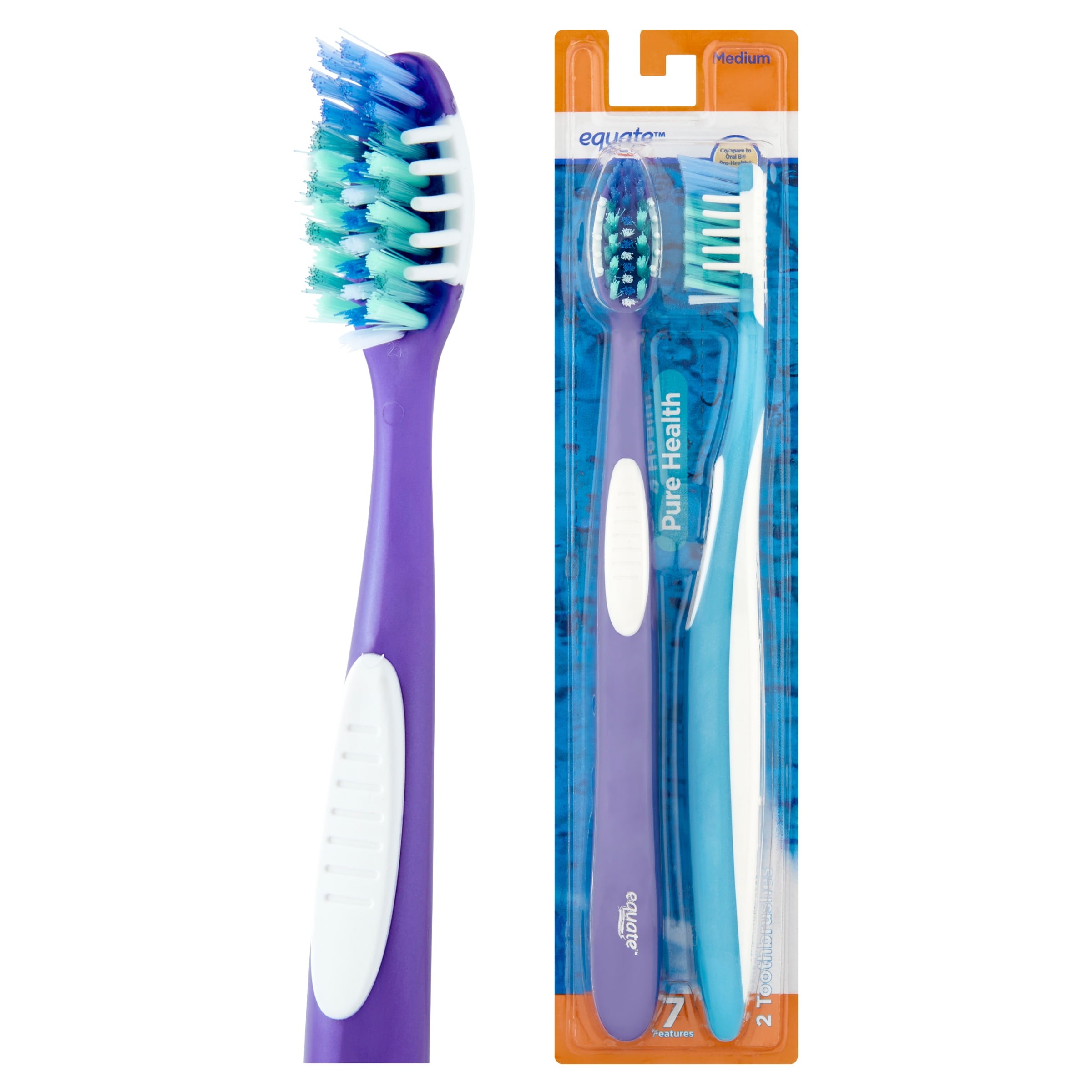 Mejores ofertas e historial de precios de Equate Pure Health, Adult, Manual  Medium Bristle Toothbrush with Tongue and Cheek Cleaner, 2 Count en  JoinHoney.com | Honey