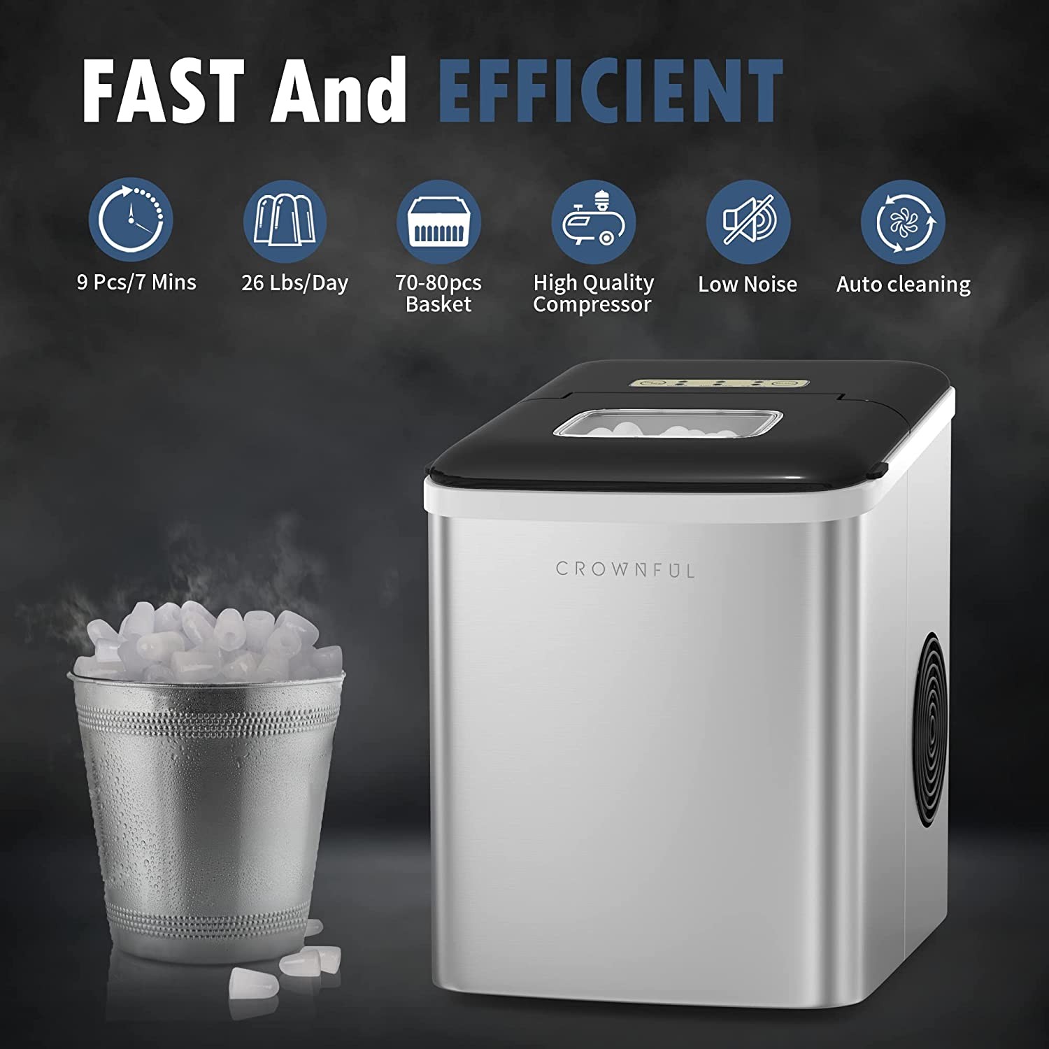 Crownful Ice Maker Machine Countertop, 26lbs/24H S/L 2 Sizes Ice Cubes