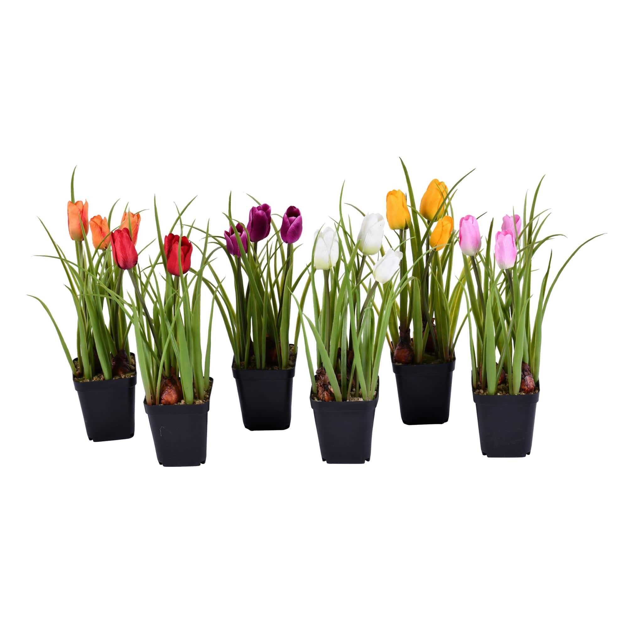 10"" Artificial Tulips in Black Plastic Planters Pots, 6ct. By