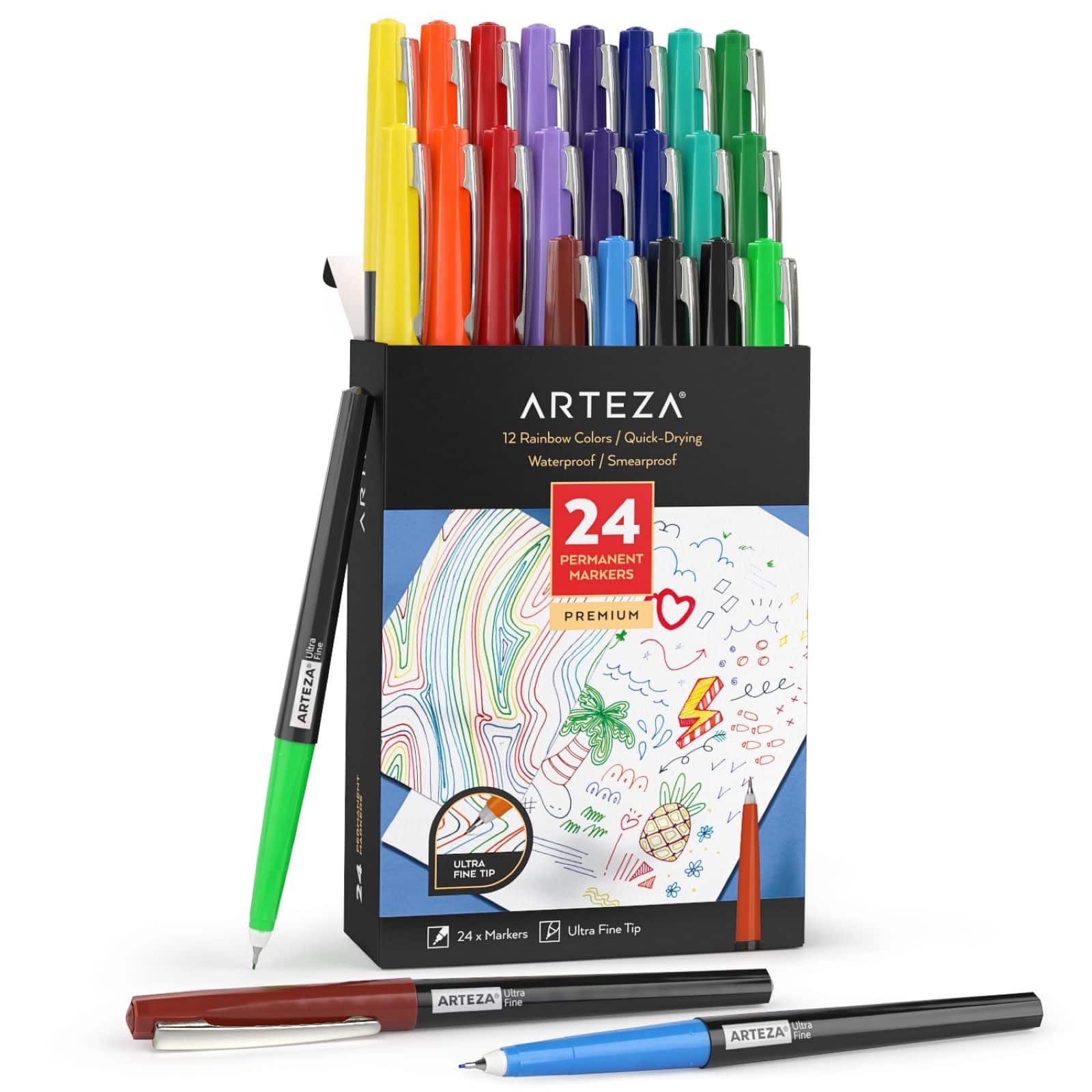 ARTEZA Permanent Marker Set – 20 Stück, Wasserfest & Wischfest, Für Alle Oberflächen, Inkl. Metallic-Farben