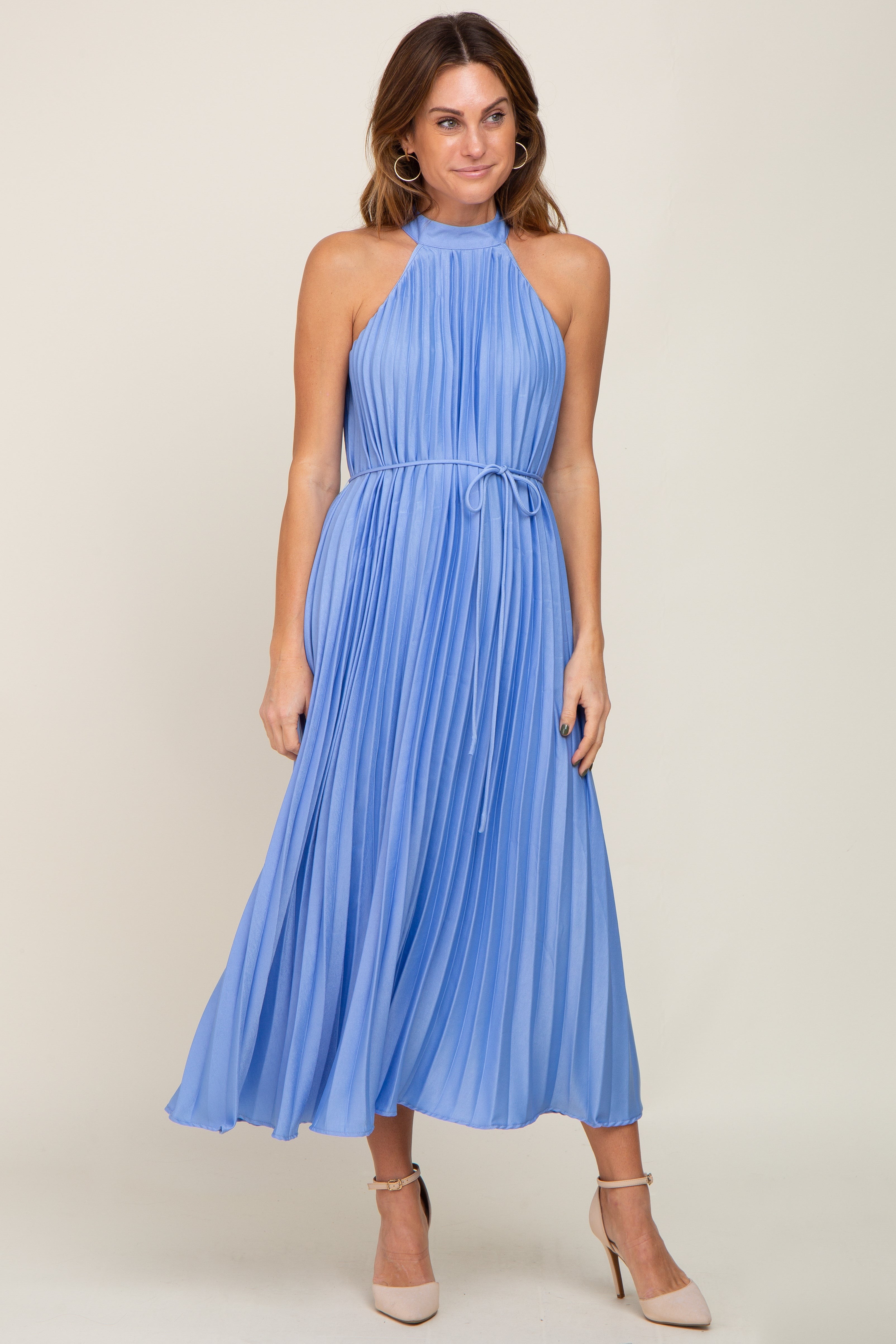 Carlyn Midi Dress - Linen Look Detachable Straps in Blue