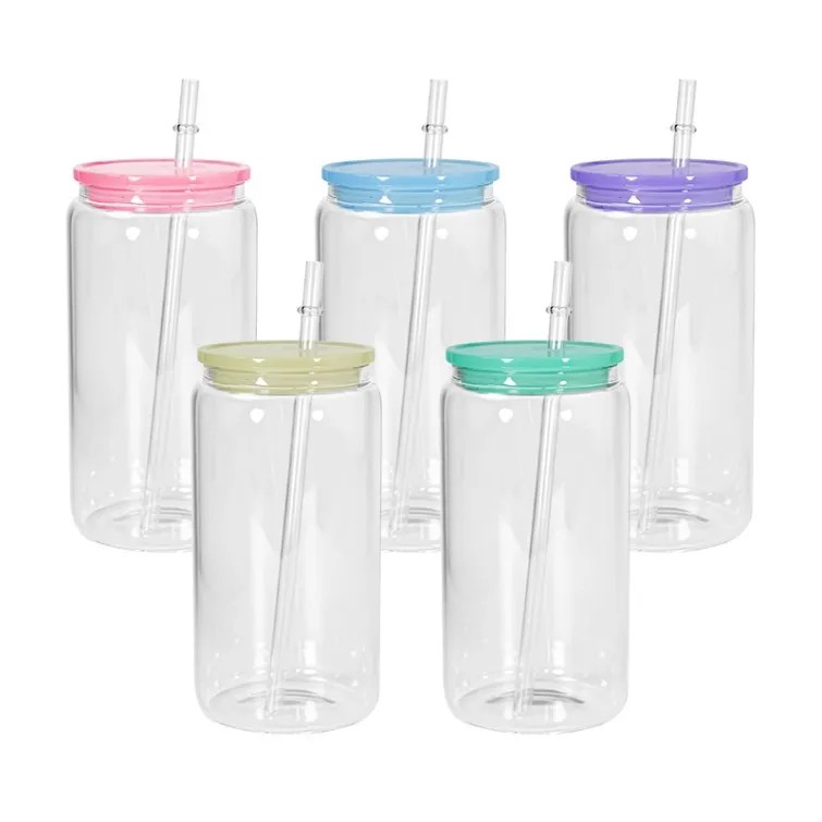 Jelly Sublimation Can Glass Cup, Jelly Glass Coffee Cup With Lid & Straw  for Iced Coffee, 16oz 