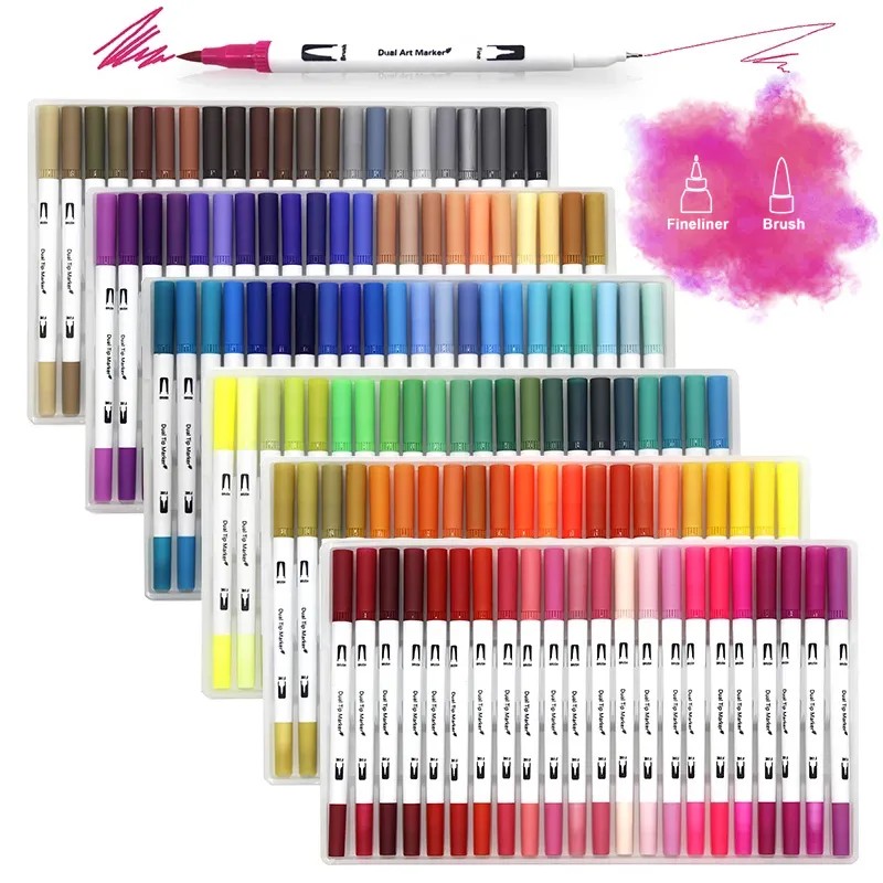 12-132colors Dual Brush Markers Colored Pen For Adult Coloring