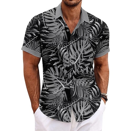 Men's Shirt Graphic Shirt Aloha Shirt Leaves Turndown Black White