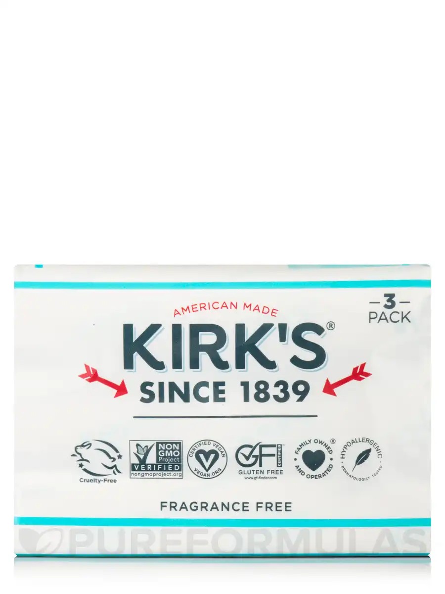 Kirk's Natural Castile Bar Soap, Fragrance Free Pack 3 Bars (4 oz
