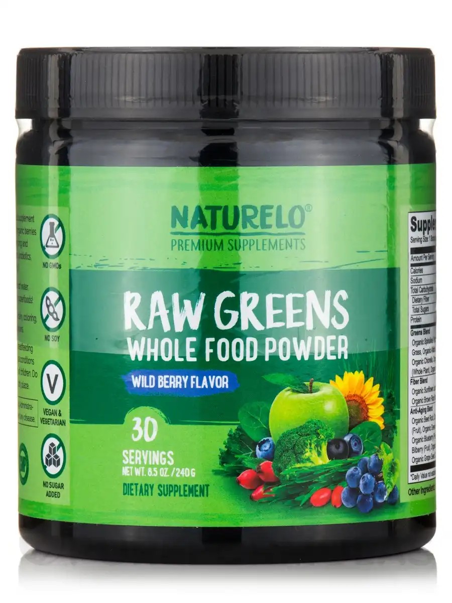 NATURELO Premium Supplements Raw Greens Whole Food Powder, Wild Berry