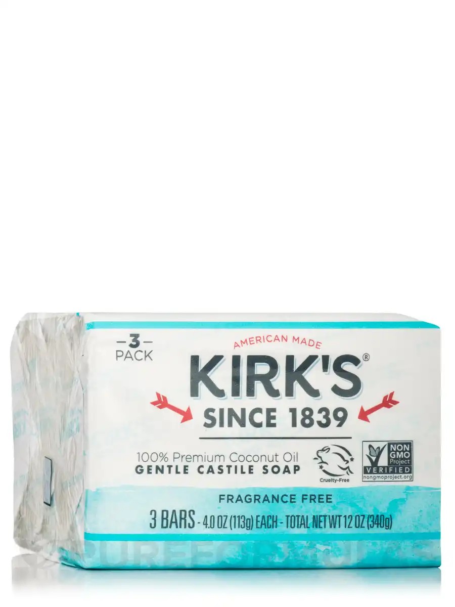 Kirk's Natural Castile Bar Soap, Fragrance Free Pack 3 Bars (4 oz